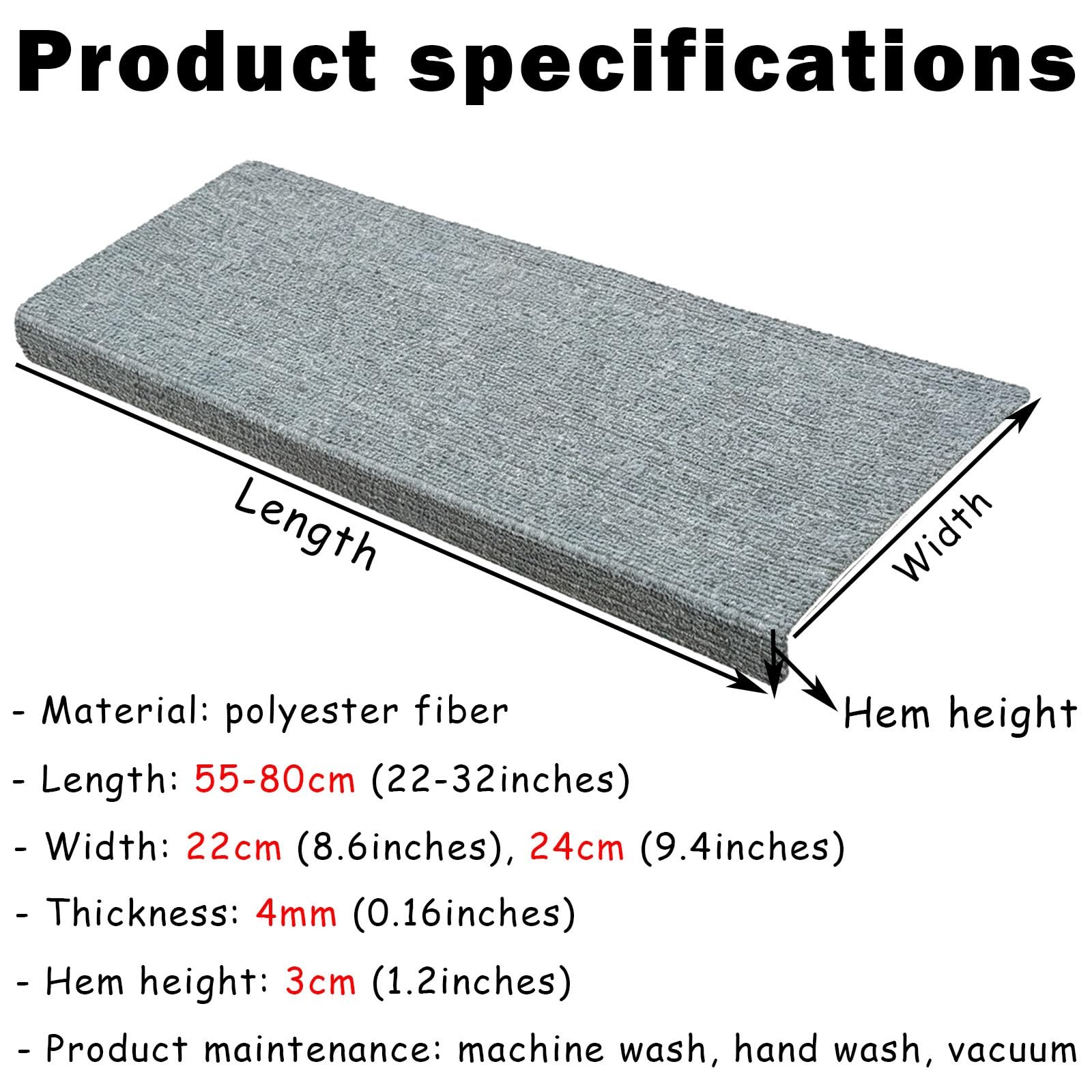 Tapis escalier antidérapant Marches D'escalier en Tapis Bullnose pour Marches en Bois, Largeur 22 Cm 24 Cm | Surface Résistante À L'usure, Finition Ourlet Cousu, Couvre-marches Alternatifs.(C-4 PCS,L 60cm x W 22cm)