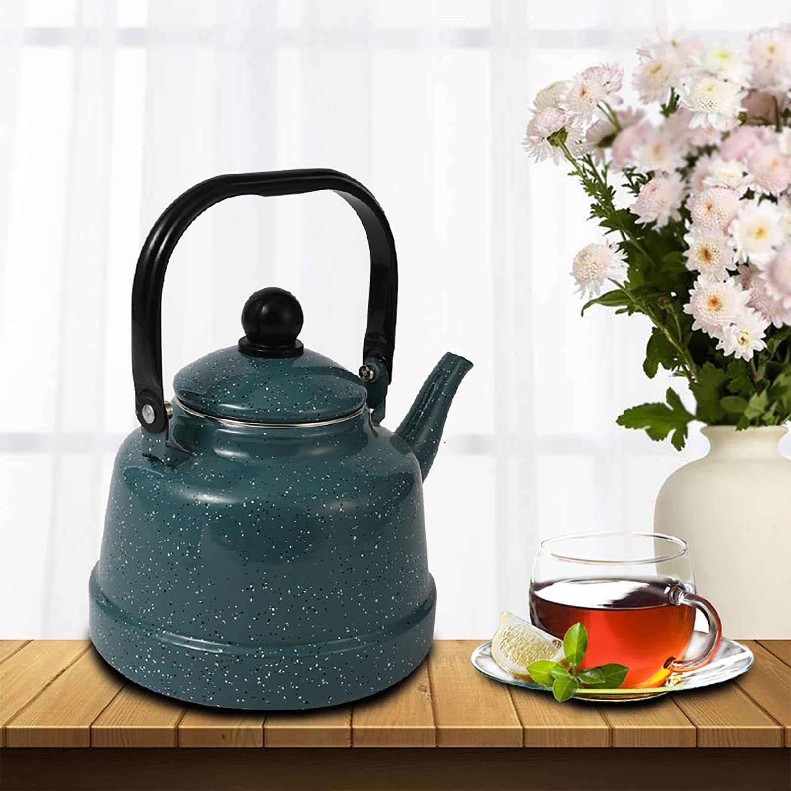 Wasserkessel Emaillierter 1. 1L Vintage Emaille Wasserkocher Teekessel Teekanne Kaffeekanne Emaillekessel mit Hitzebeständig Griff für Küche Zuhause Café Camping Gasherd,Grün