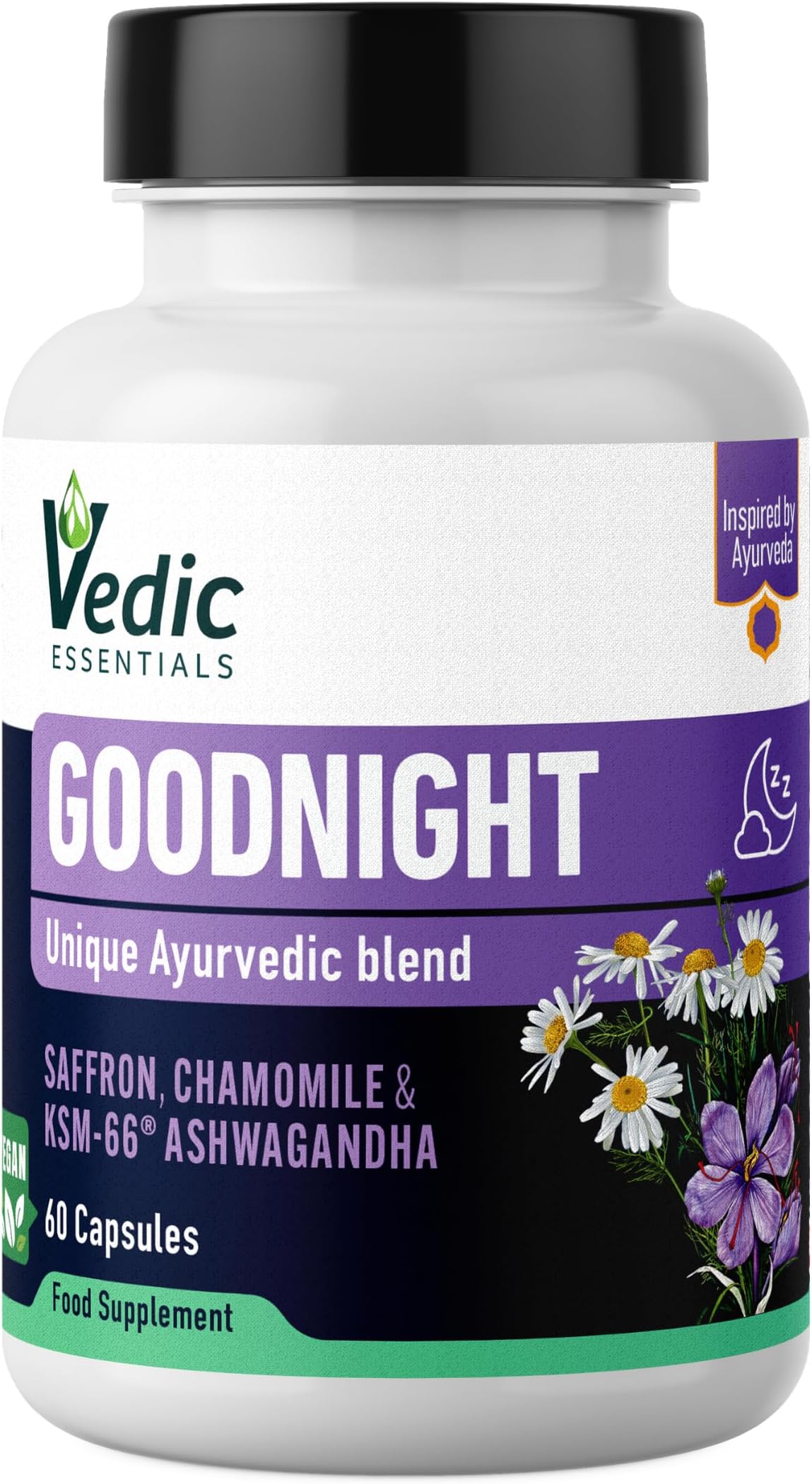 Vedic Saffron + Chamomile + Ashwagandha. Melatonin Alternative Natural Sleep Aid | Quick, Good Night Sleep | Vedic, Vegan, Halal, Gluten-Free Sleep Supplement | Stress & Anxiety Relief | 60 Nights