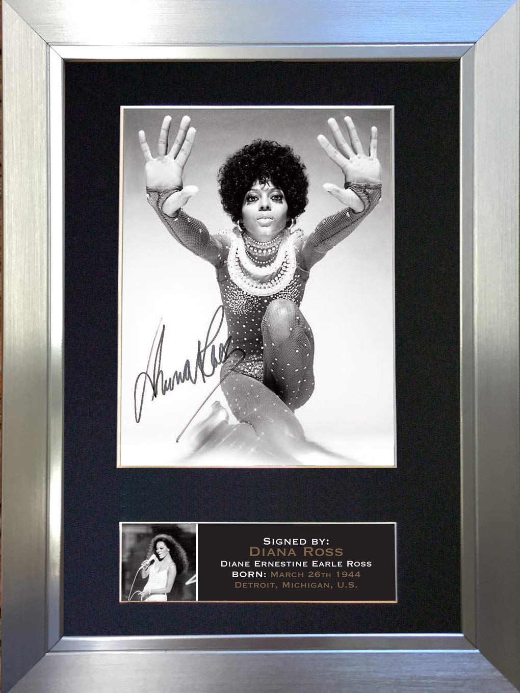 The Autograph Collector Gold,Silver,Black Diana Ross Signed Autograph Mounted Photo Reproduction Print A4 Very Rare (297 X 210Mm) #665 (Silver Frame)