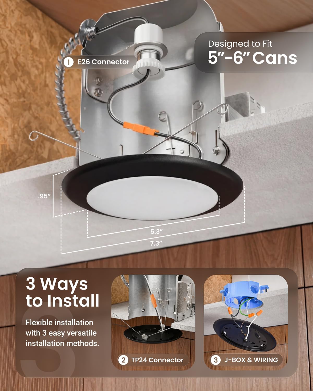 Sunco 24 Pack 6 Inch LED Disk Lights, Flush Mount Black Disc Recessed Ceiling Can Lighting, 1050 LM, Selectable CCT 2700K/3000K/4000K/5000K/6000K, Dimmable, 15W=100W, Wet Rated ETL.