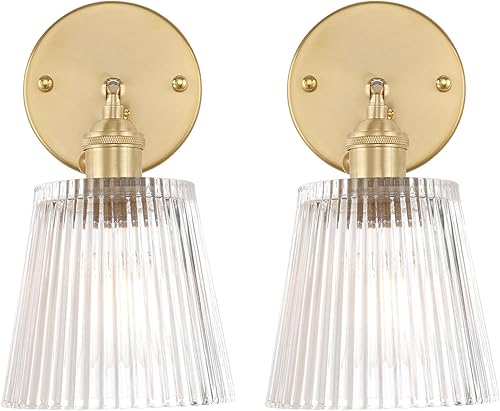Miniatura 24 de Juego de 2 apliques de pared vintage con pantalla de vidrio a rayas ámbar, apliques de latón ajustables de 180 grados, con cable de iluminación,
