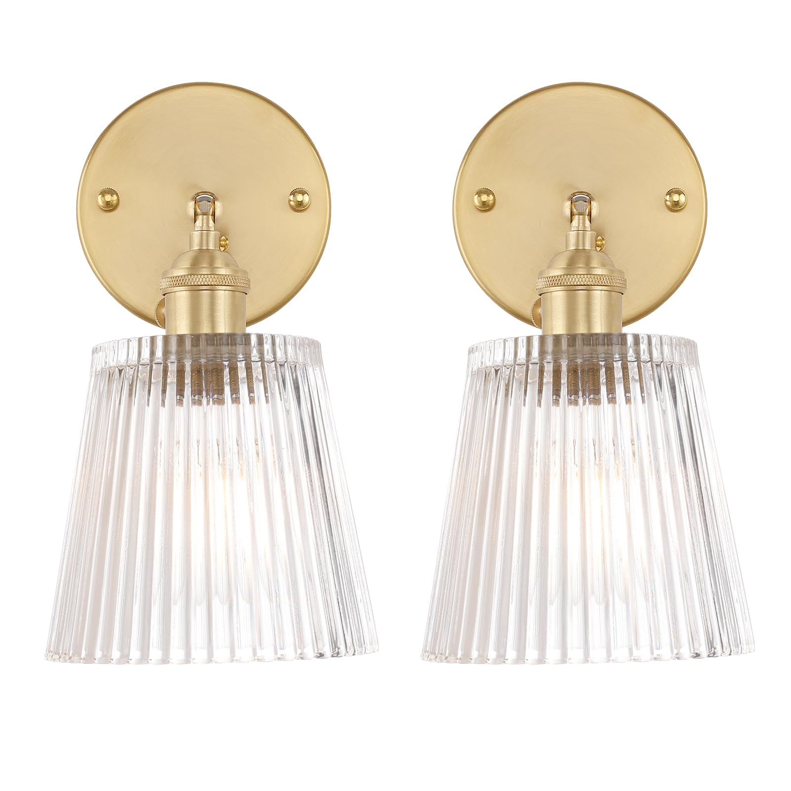 Shenmoyl Vintage Wall Sconces Set of 2 with Transparent Stripe Glass Lampshade 180 Degree Adjustable Brass Sconces Hradwired Modern Wall Lighting Fixture with Switch for Bedside Bedroom Doorway