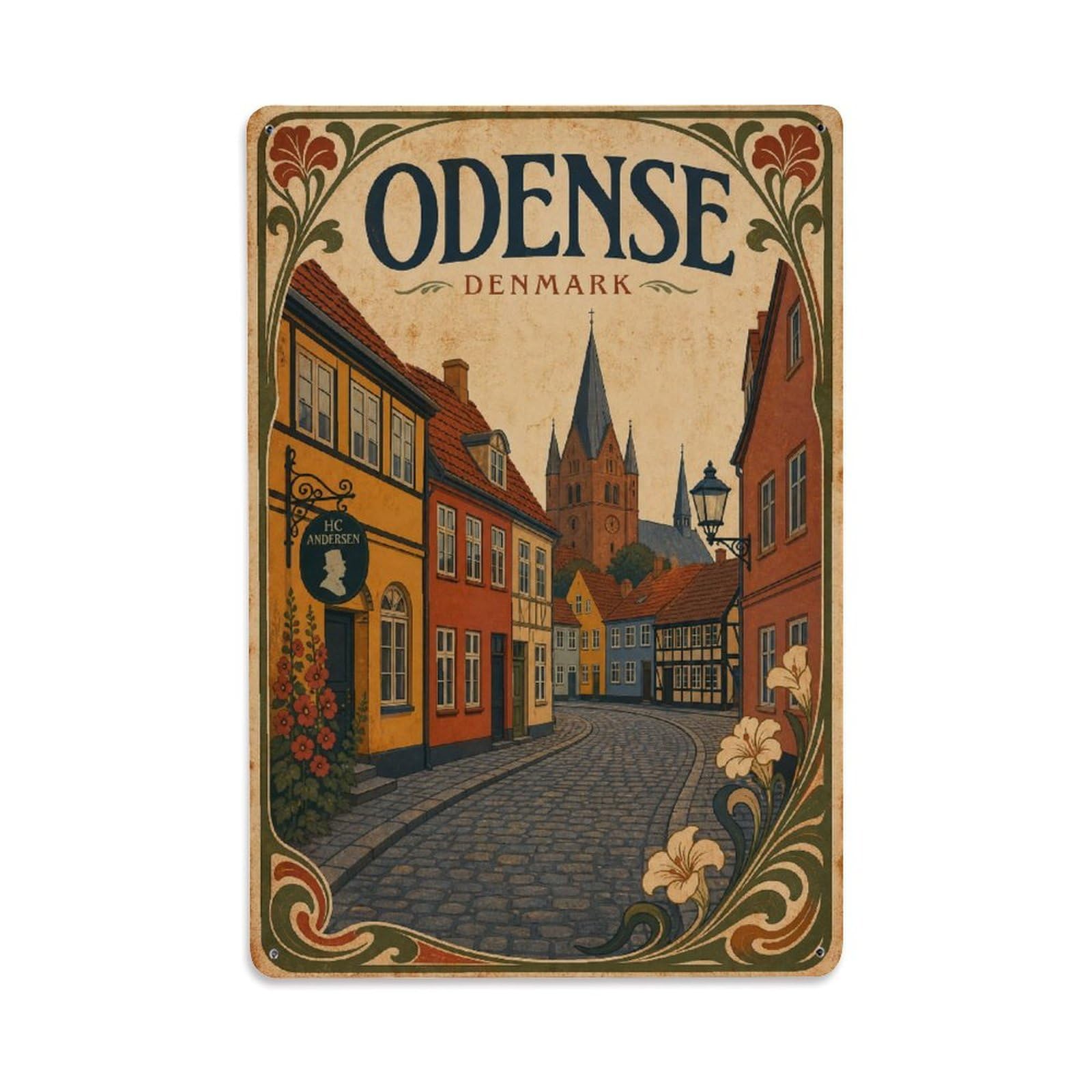 Vintage Travel Denmark Odense Metal Tin Sign Plaque Wall Decor for Cafe, Club Bar, Office, Garden Metal Poster 8x12Inch