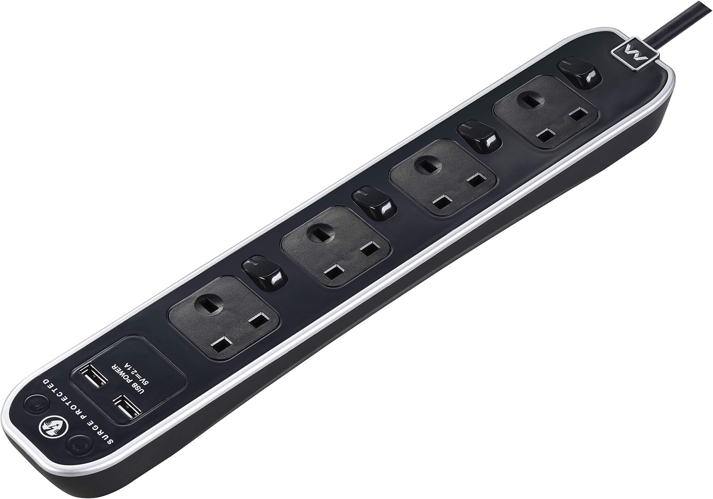 Masterplug Four Socket Switched Inline Power Surge Protected Extension Lead with Two USB Charging Ports, 2 Metres, Gloss Black