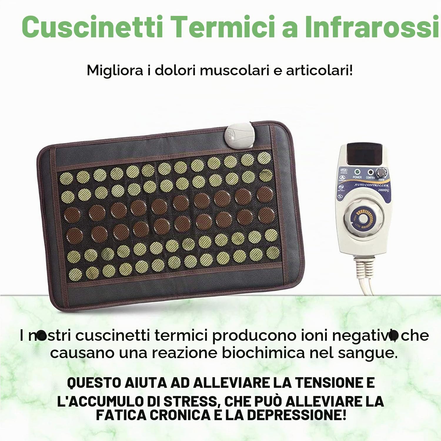 Tappetino riscaldante a infrarossi, in giada naturale e tormalina, flessibile, per dolori alla schiena, temperatura regolabile (60 x 40 cm), Nero