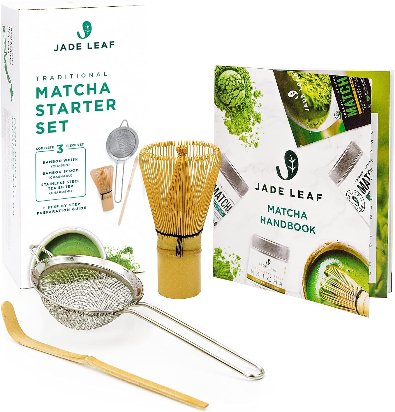 Traditional Starter Set - Bamboo Whisk (Chasen), Bamboo Scoop (Chashaku), Stainless Steel Sifter, Preparation Guide