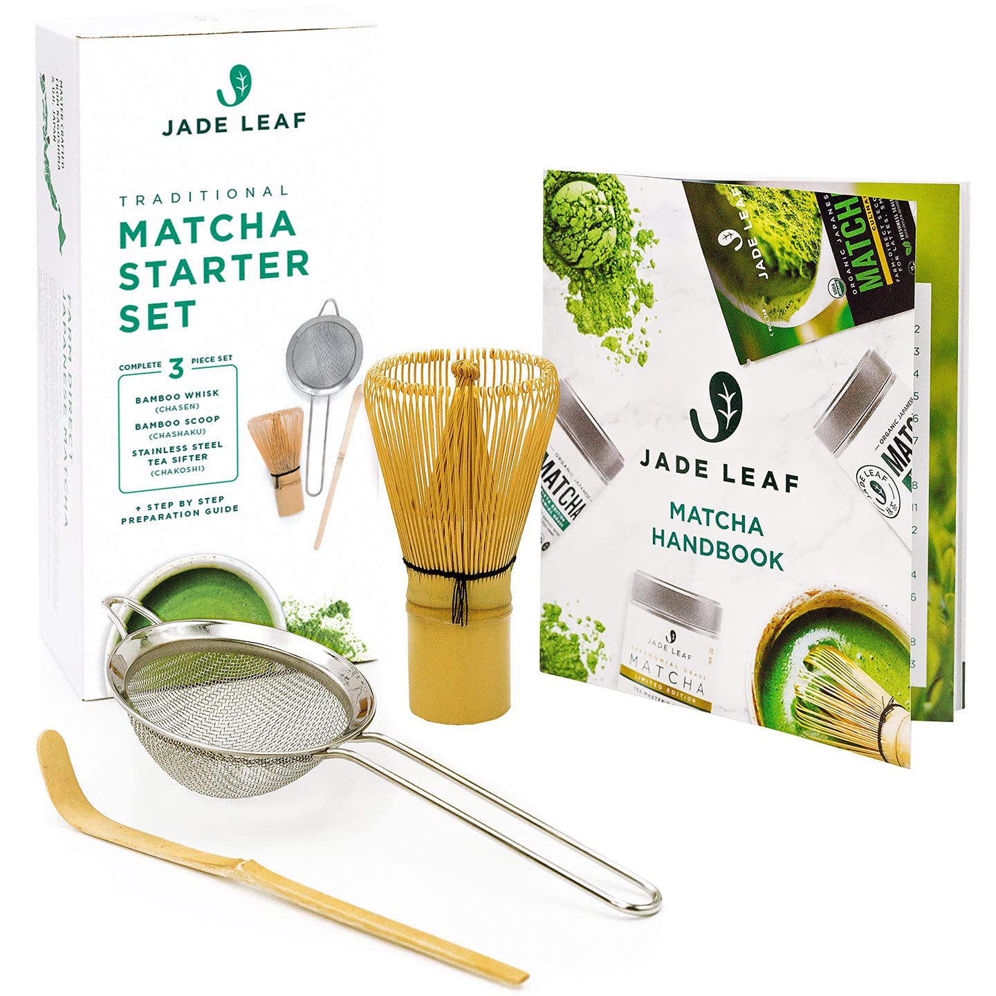 Jade Leaf Matcha - Traditional Starter Set - Japanese Matcha Gift Set Includes Bamboo Whisk Chasen Scoop Chashaku