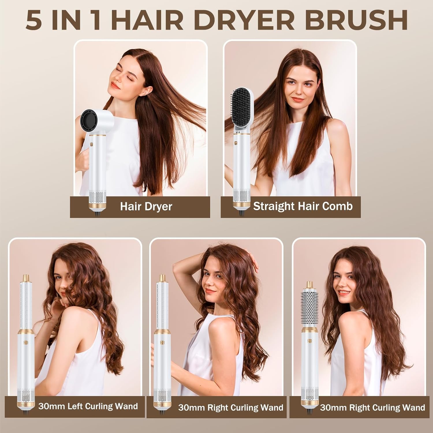 5 in 1 Hair Dryer Brush, Negative Ion Blow Dryer Brush Set Upgrade Hot Air Brush Air Styler Curling Wrap Air Curler, Curling Iron Hair Styling Tools As A Gift for Straight/Curl/Drying/Smoothing - Image 3