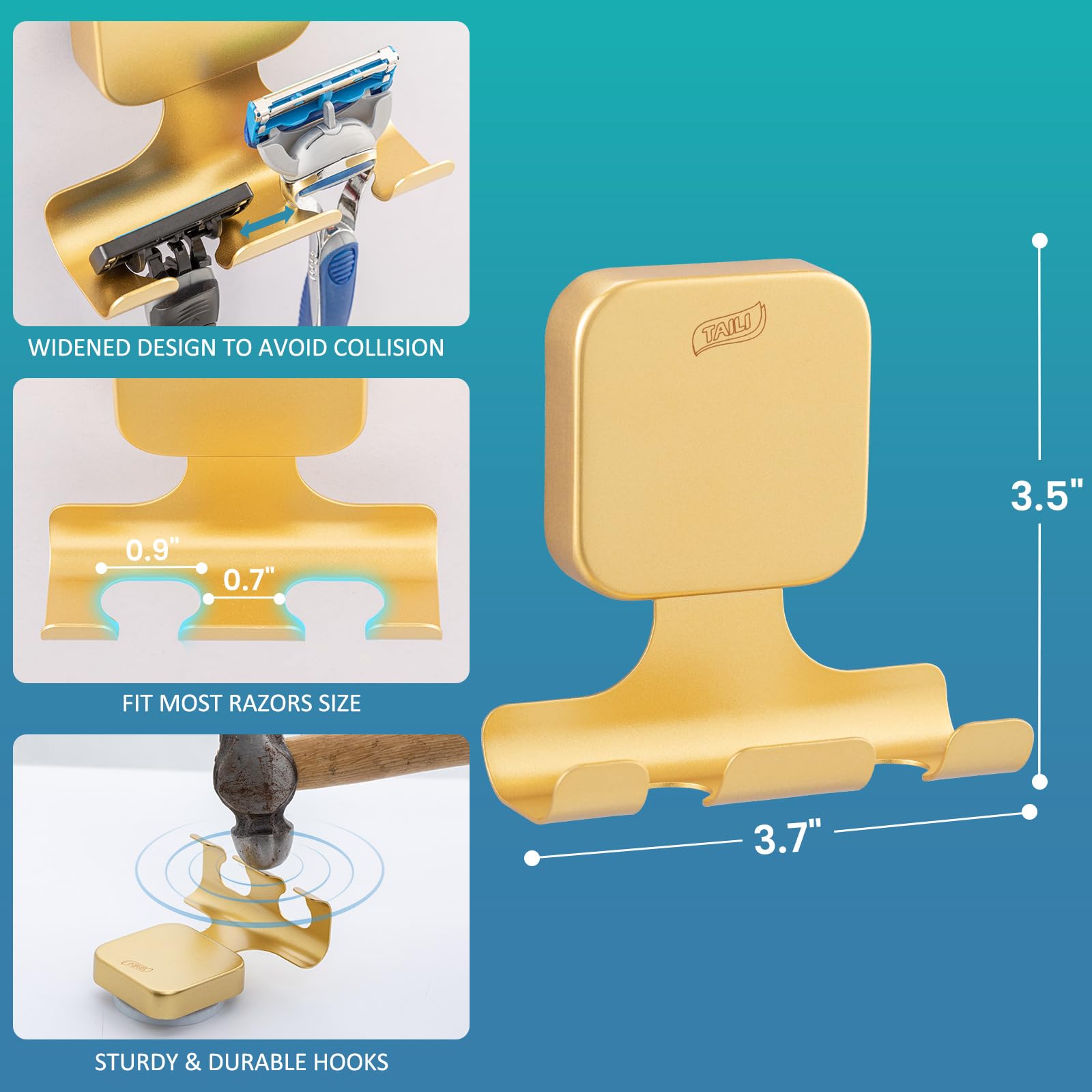 TAILI Ganchos ventosa para maquinilla de afeitar, 2 piezas, Oro cuadrado | Acero inoxidable, multiusos para baño, para toallas y albornoces, sin taladro, reutilizables y resistentes