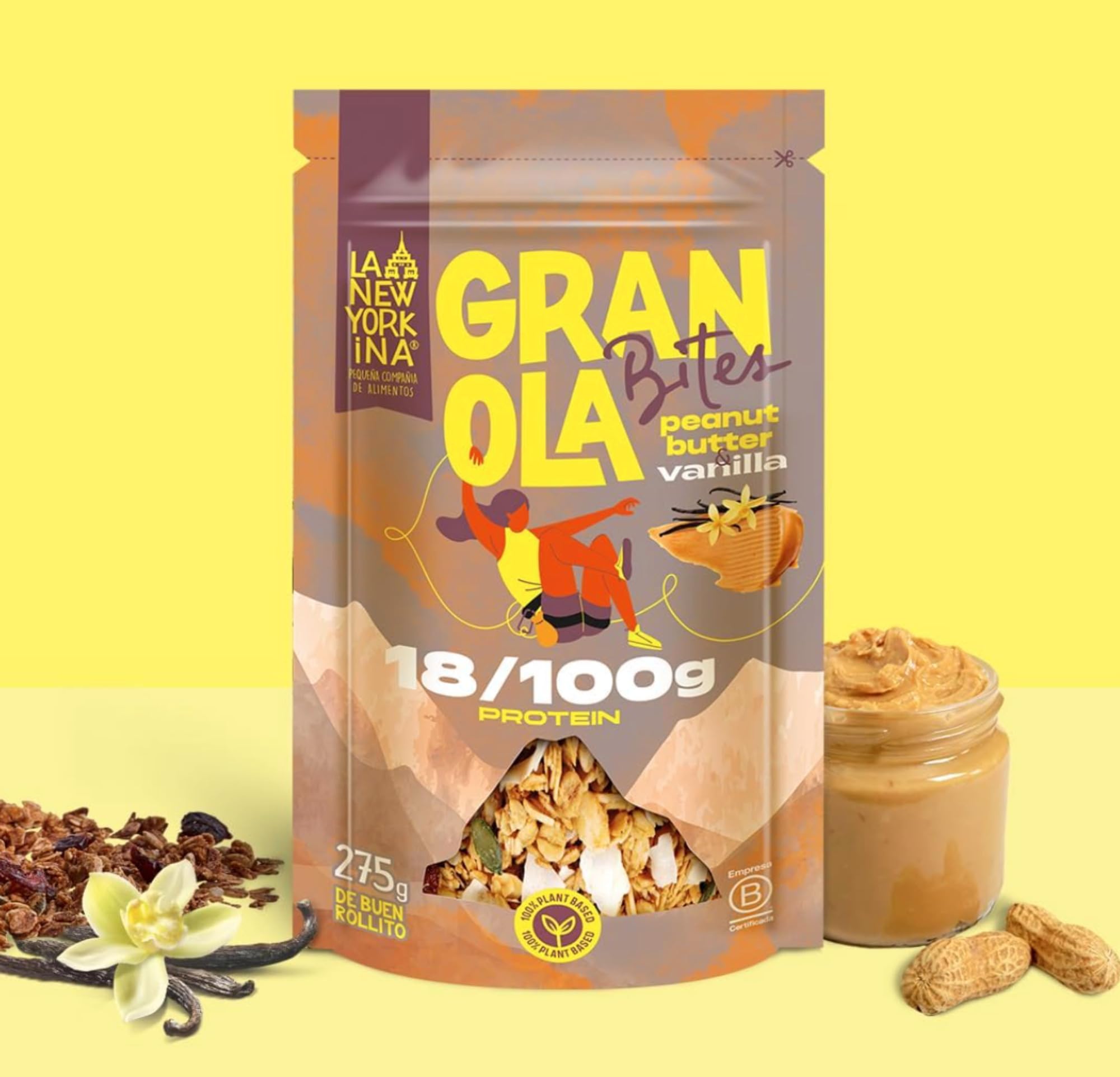LA NEWYORKINA BITES Granola Peanut Butter Vainilla con copos de avena y crema de cacahuete. Granola con el profundo sabor de la mantequilla de cacahuete y el toque perfecto de vainilla. 275gr