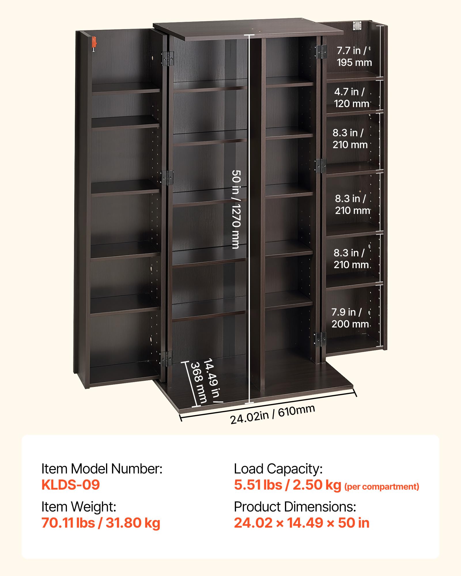 VEVOR Bibliothèque Étagère, Meuble de Rangement Multimédia à 6 Niveaux, Armoire Biblio pour CD, DVD, Livres, Jeux, avec Portes et Étagères Réglables pour Bureau, Studio, Salon, 610x368x1270 mm, Marron