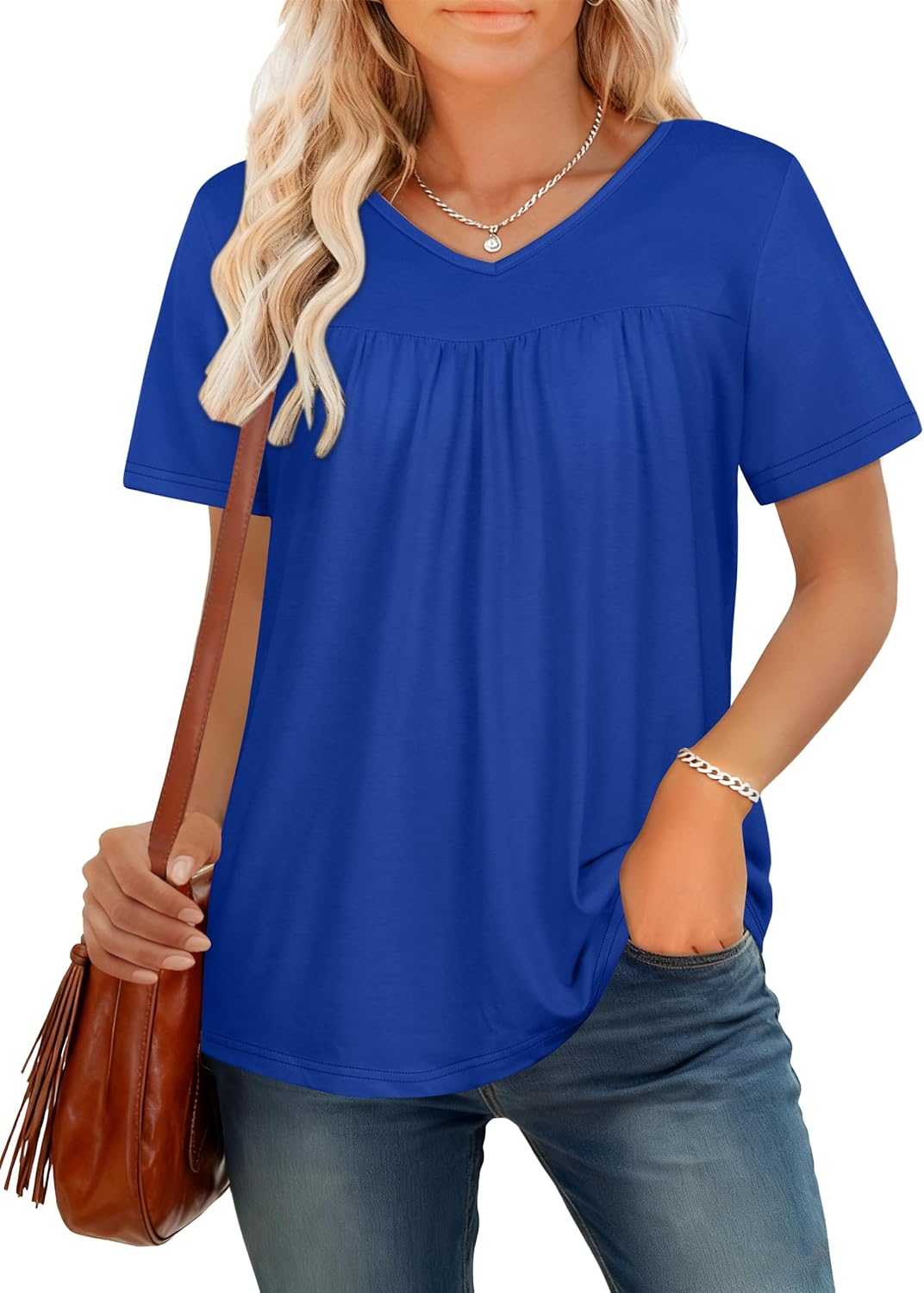 T Shirts for Women Short Sleeve Tops Casual Pleated Front Blouses V Neck Summer Tees - Image 5