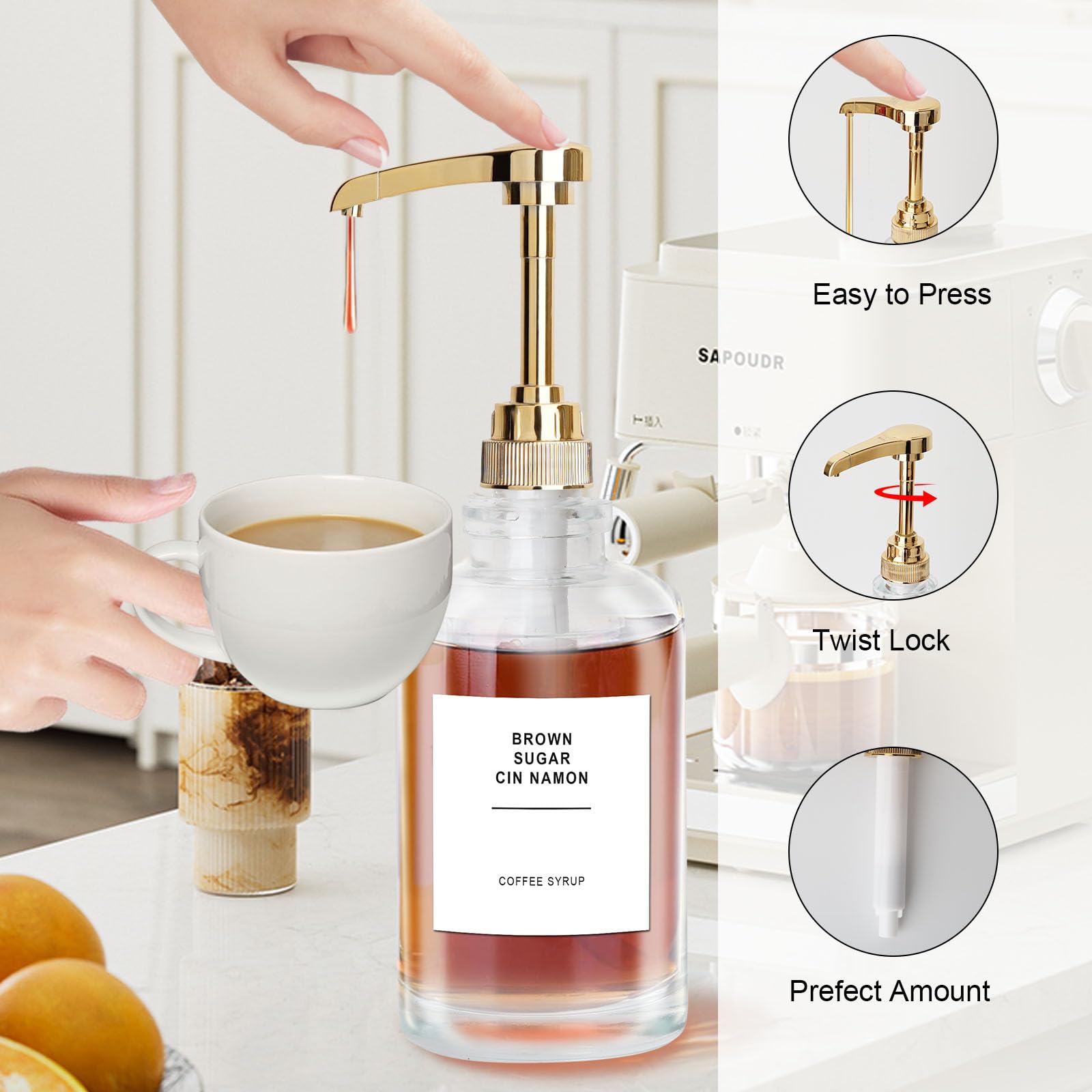 PORFOYO Honingdispenser, glas, 300 ml, druppelvrije honingdispenser met handvat, glazen siroopdispenser voor honing, siroop, esdoornsiroop en jam, ideaal voor koffie en thee, zwart