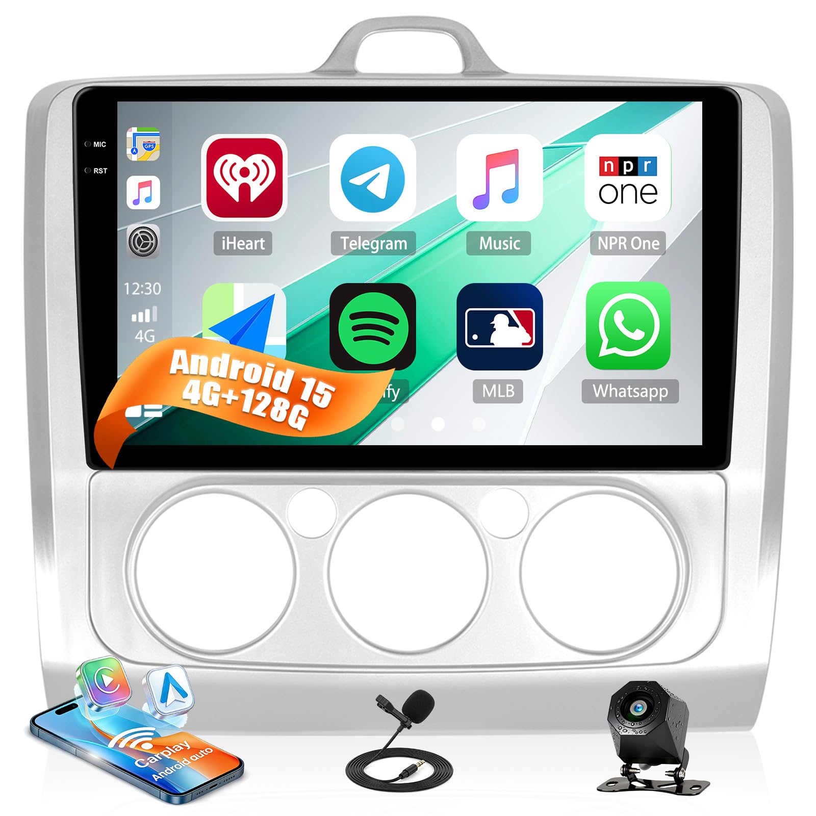 4G+128G Android 15 Radio Coche para Ford Focus Mk2 Mk3 Exi MT 2 3 2004-2011 Inalámbrico Carplay Android Auto, 9 Pulgadas Pantalla Radio con GPS Navi WiFi BT FM/RDS SWC+Cámara de Visión Trasera
