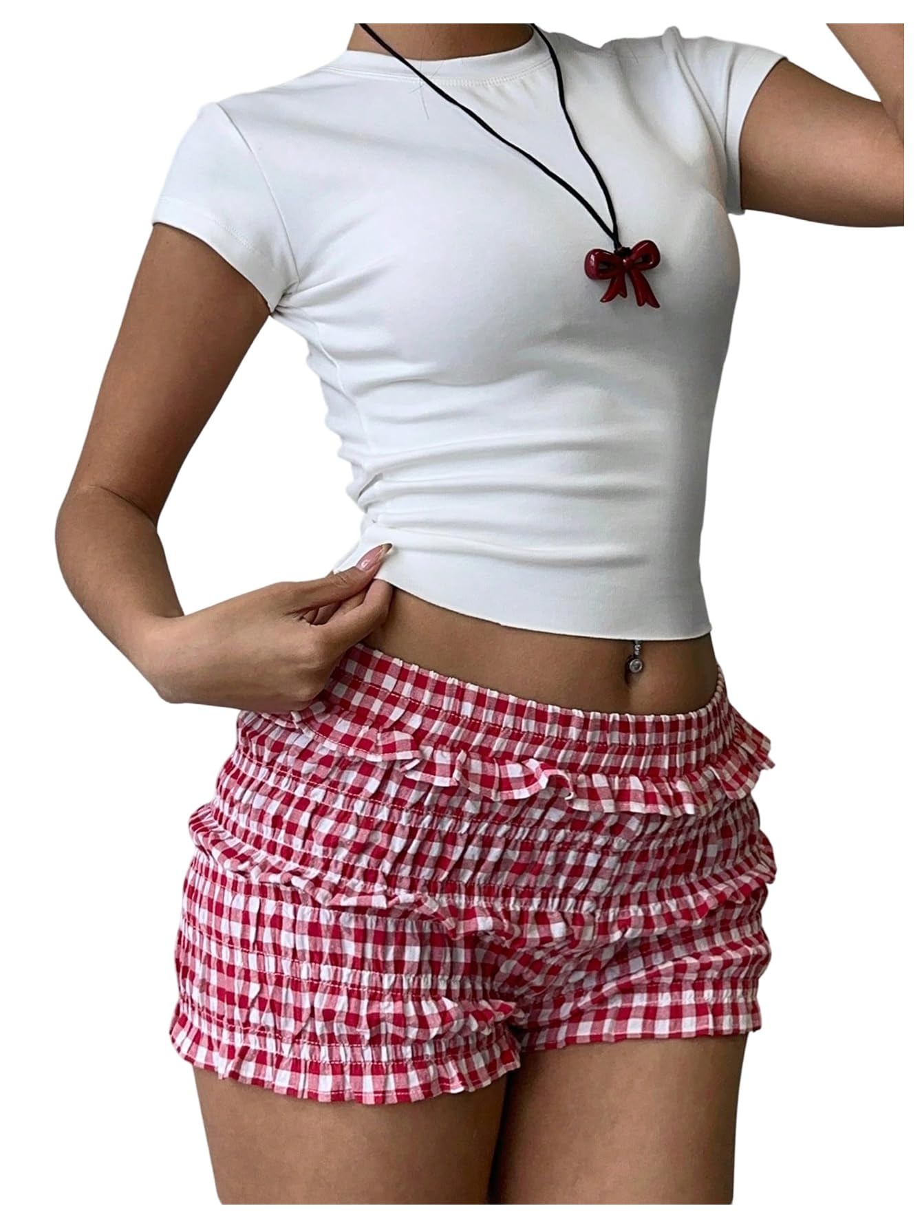 soly hux Women's Plaid Ruffle Mini Shorts Gingham Elastic Cute Lounge Sleep Bottoms Low Rise Bloomer Shorts-picture-13