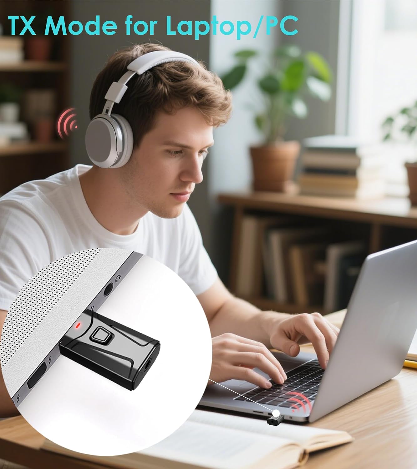 A person using a laptop with the Tsnam T7 adapter connected in TX mode to stream audio to Bluetooth headphones.