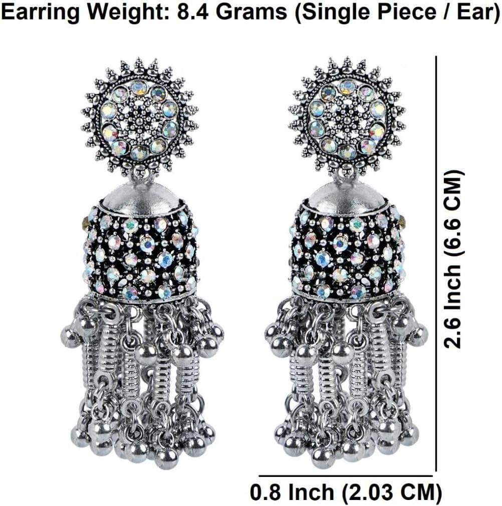 Efulgenz Antique Boho Oxidized Indian Earrings for Women Floral Crystal Round Stud Earrings Jhumka Jhumki Earrings Set Indian Oxidized Jewelry Dangle Earrings Bohemian Statement Jewelry Set for Women