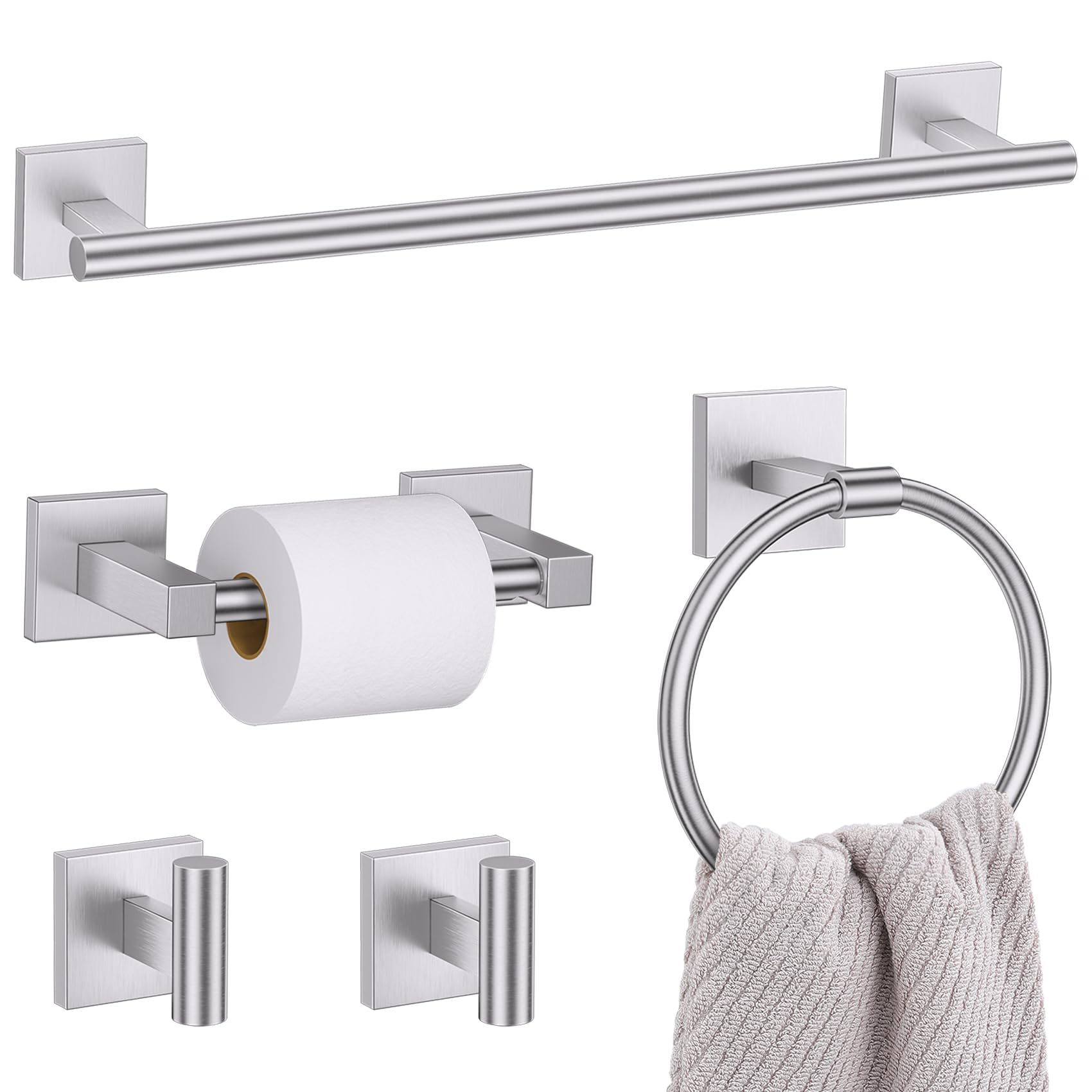LMYSXAOZ 5 Pieces Bathroom Hardware Set, Brushed Nickel Towel Bar Set Includes 23.6” Bar, Ring Holder, Toilet Paper Holder and Two Hooks, Accessories SUS304 Wall Mounted