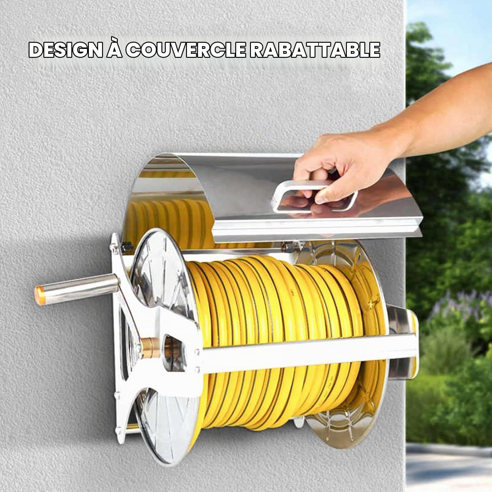 Enrouleur de Tuyau d'arrosage Robuste en Acier Inoxydable avec poignée, Fixation Murale ou au Sol, rétractable par manivelle, Support Mural pour Tuyau de 50 m et de 12,7 mm (1/2 po). 40m