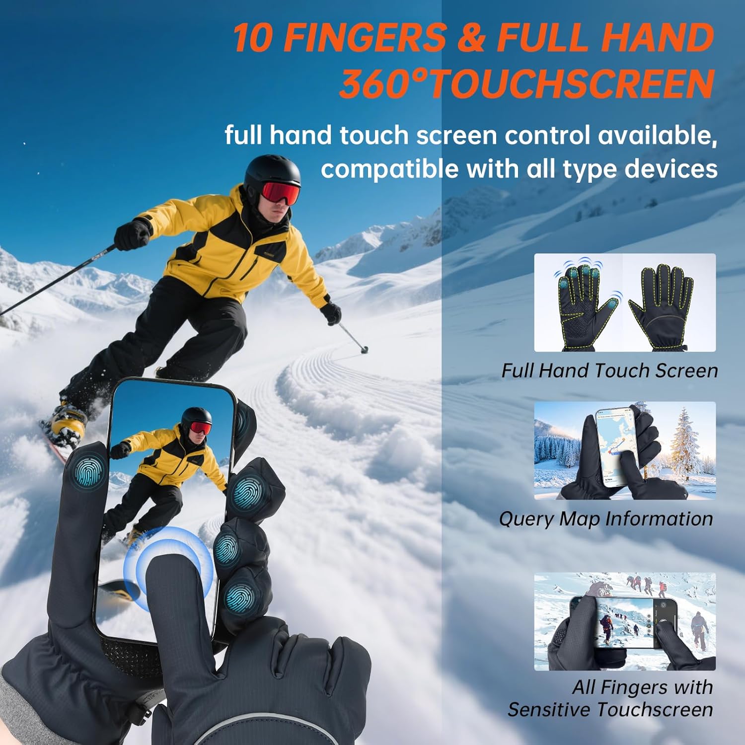 Winter Gloves for Men Women, Waterproof Windproof Anti-Slip 10 Fingers Touch Screen Gloves with Thermal Lining for Cold Weather Motorcycle Driving Cycling Skiing Snowboarding Walking - Image 5