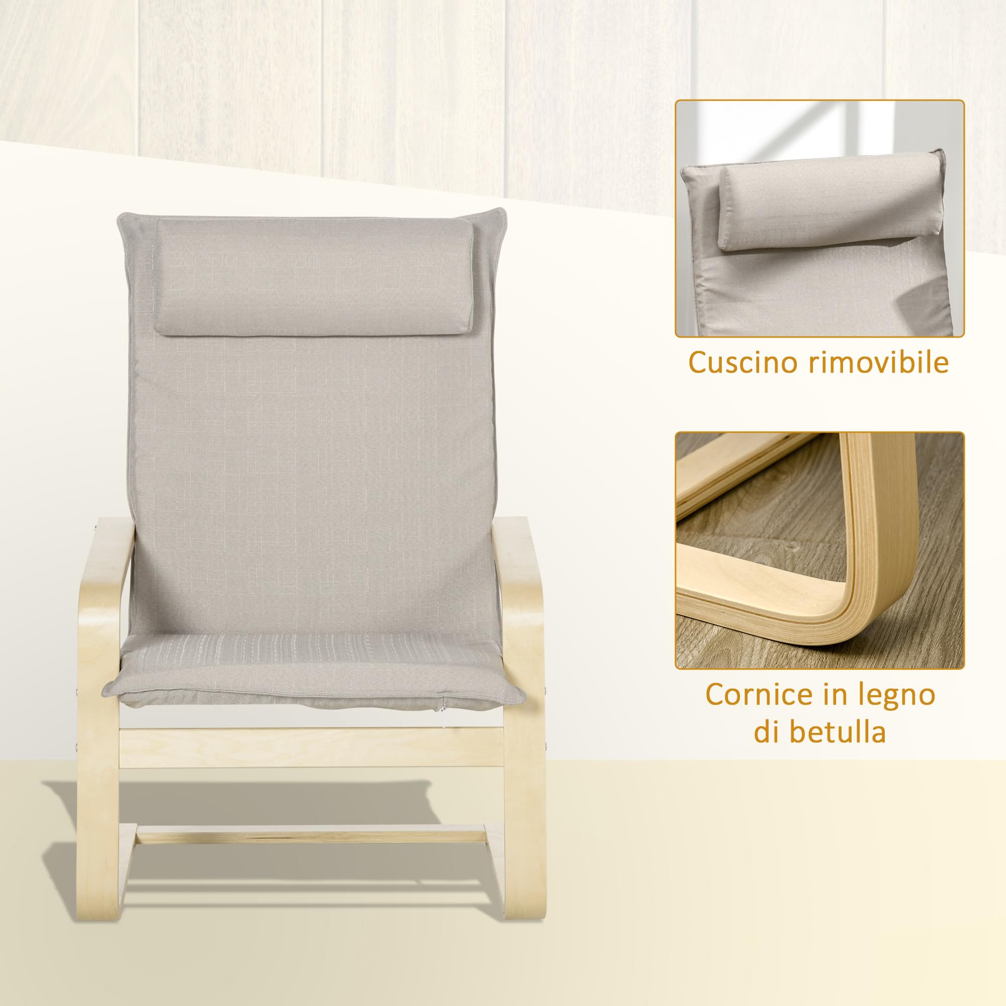 HOMCOM Poltrona Relax in Legno con Pouf Poggiapiedi e Cuscino Poggiatesta, Poltrona in Legno e Tessuto Effetto Lino, 67x78x92cm, Grigio