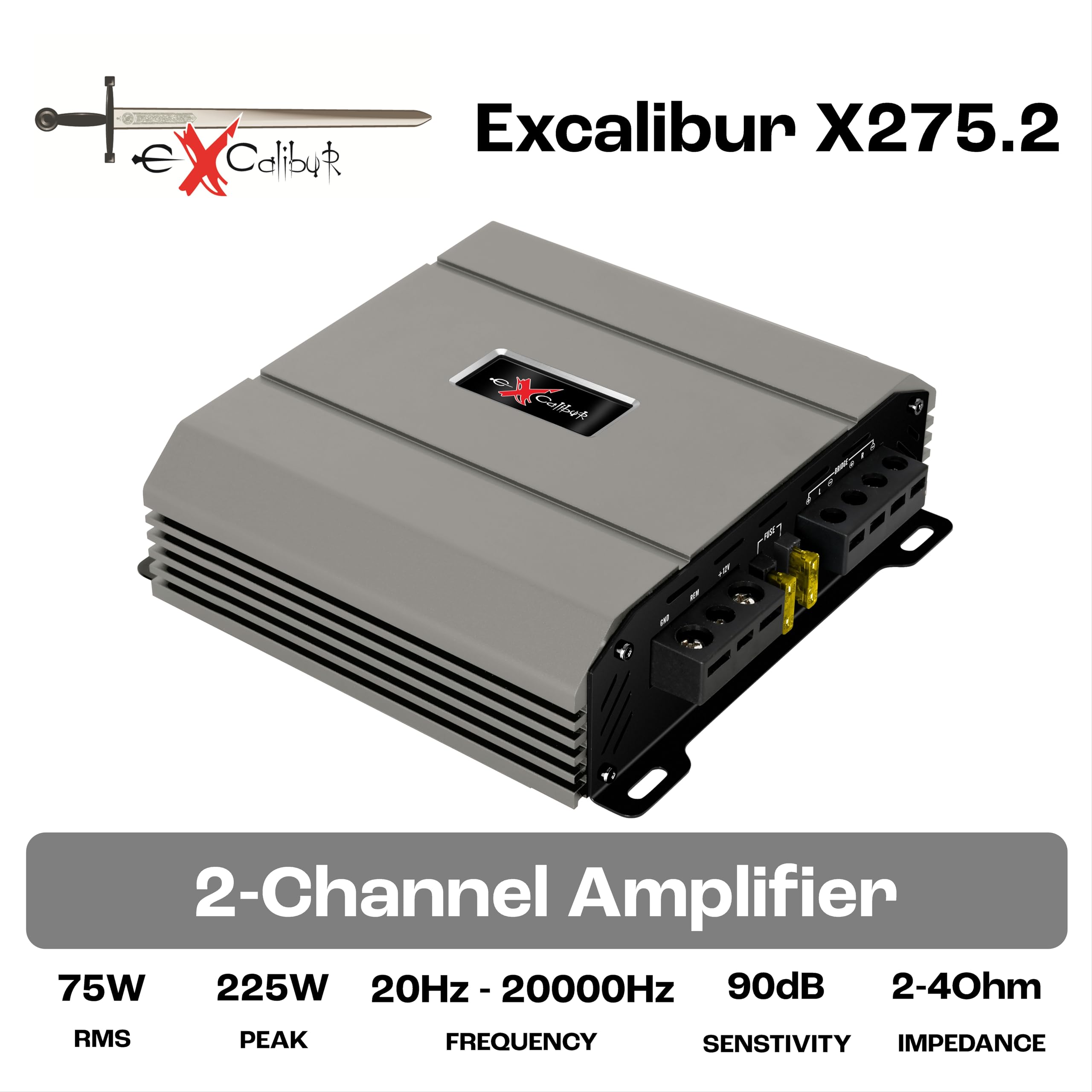 Excalibur X275.2 Amplificatore Audio Auto 2 Canali Stereo 2x650W con Bass-Boost 12 dB, Amplificatore Auto Subwoofer 1300W in modalità Bridge, Sub Sonic 10-50Hz e Low Pass Filter 50-200Hz, Serie 2025