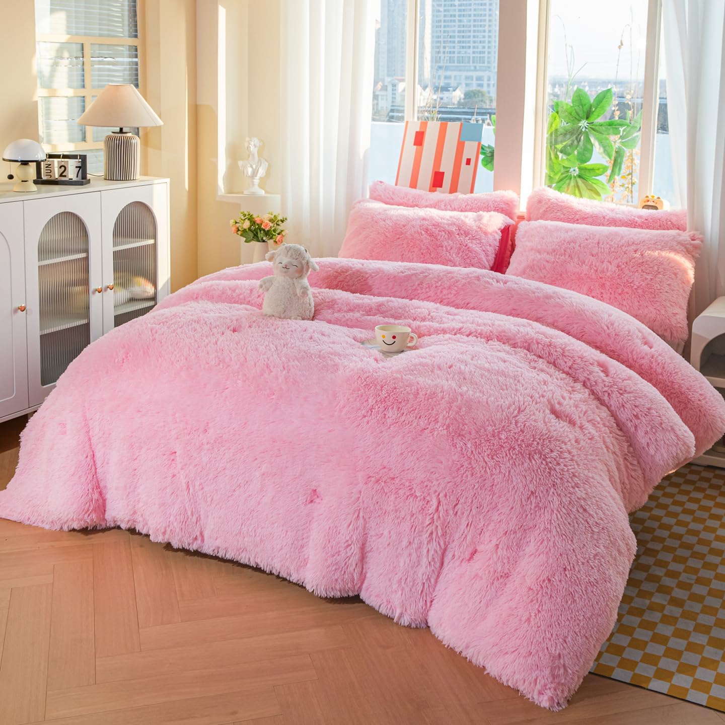 Kids Girls Faux Fur Light Pink Comforter Sets Twin/Full - 3PC Bed Set Skin Friendly Soft Warm Comfortable Classical Rabbit Plush Velvet Flannel Fluffy Fuzzy Bedding(Comforter x 1 Pillowcases x 2) - Image 4