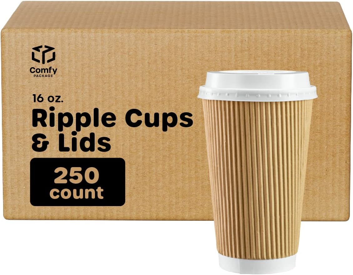 Comfy Package [Case of 250 16 oz. Insulated Kraft Ripple Paper Hot Cups, Disposable Coffee Cups With Lids - Ideal for Hot Beverages, Travel, and Office Use