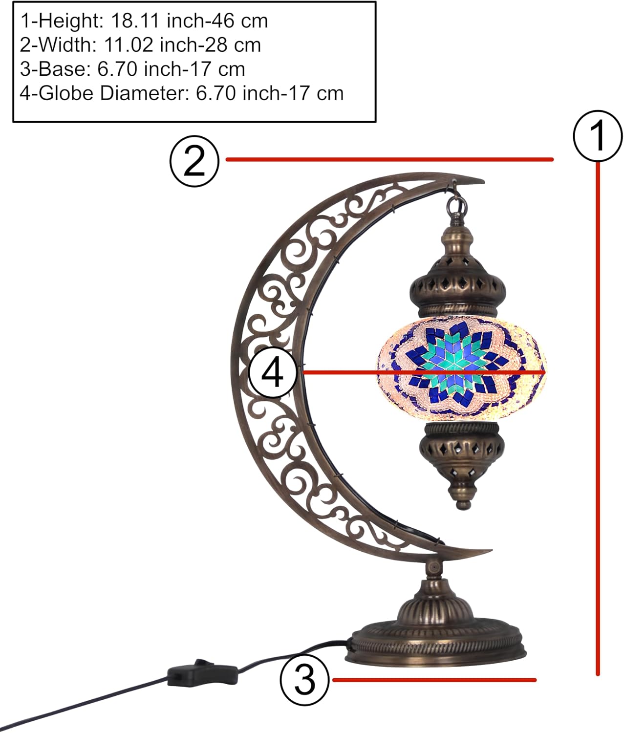 Turkish Mosaic Moon Bedside Light - Stained Glass Tiffany Lamp, Handmade Swanneck Colored Lights in Blue White