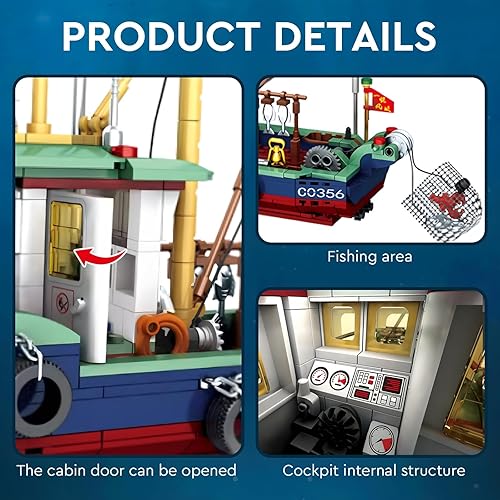 Miniatura 4 de Juego de bloques de construcción de barcos de pesca, kit de modelo de tema marino de ciudad para amantes de la exploración del océano y la pesca en