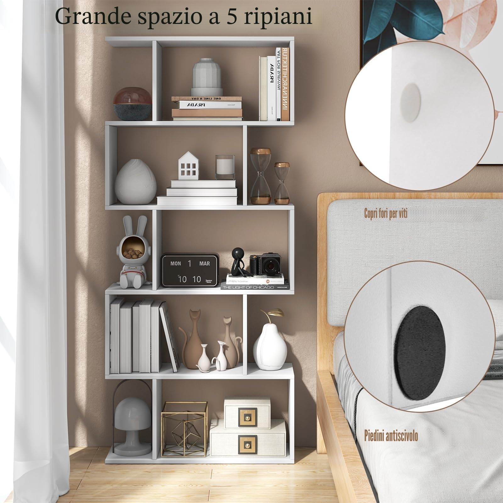 HOMASIS Libreria a Forma di S, Scaffale di Stoccaggio con 5 Livelli, Libreria Scaffale da Terra in Legno, Scaffale Divisorio Verticale per Soggiorno, Camera da Letto, Ufficio, 70x23,5x158cm (Bianco)