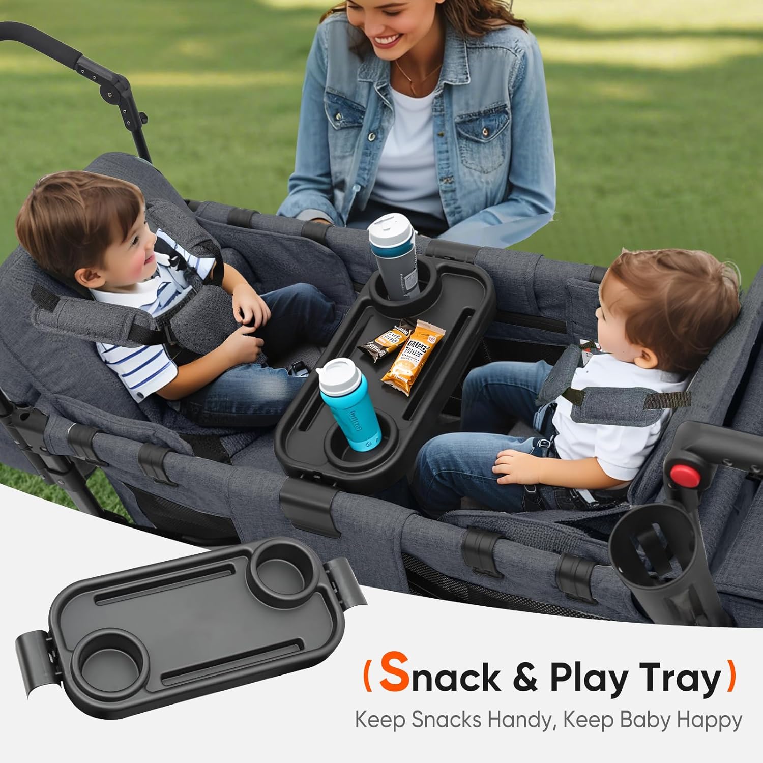 Sekey Wagon Stroller for 2 Kids, Luxury 4-in-1 Stroller Wagon - Premium Quality with Convertible Seats, Adjustable Push Handles, Removable Canopy, Snack Tray & Cooler, US Certified