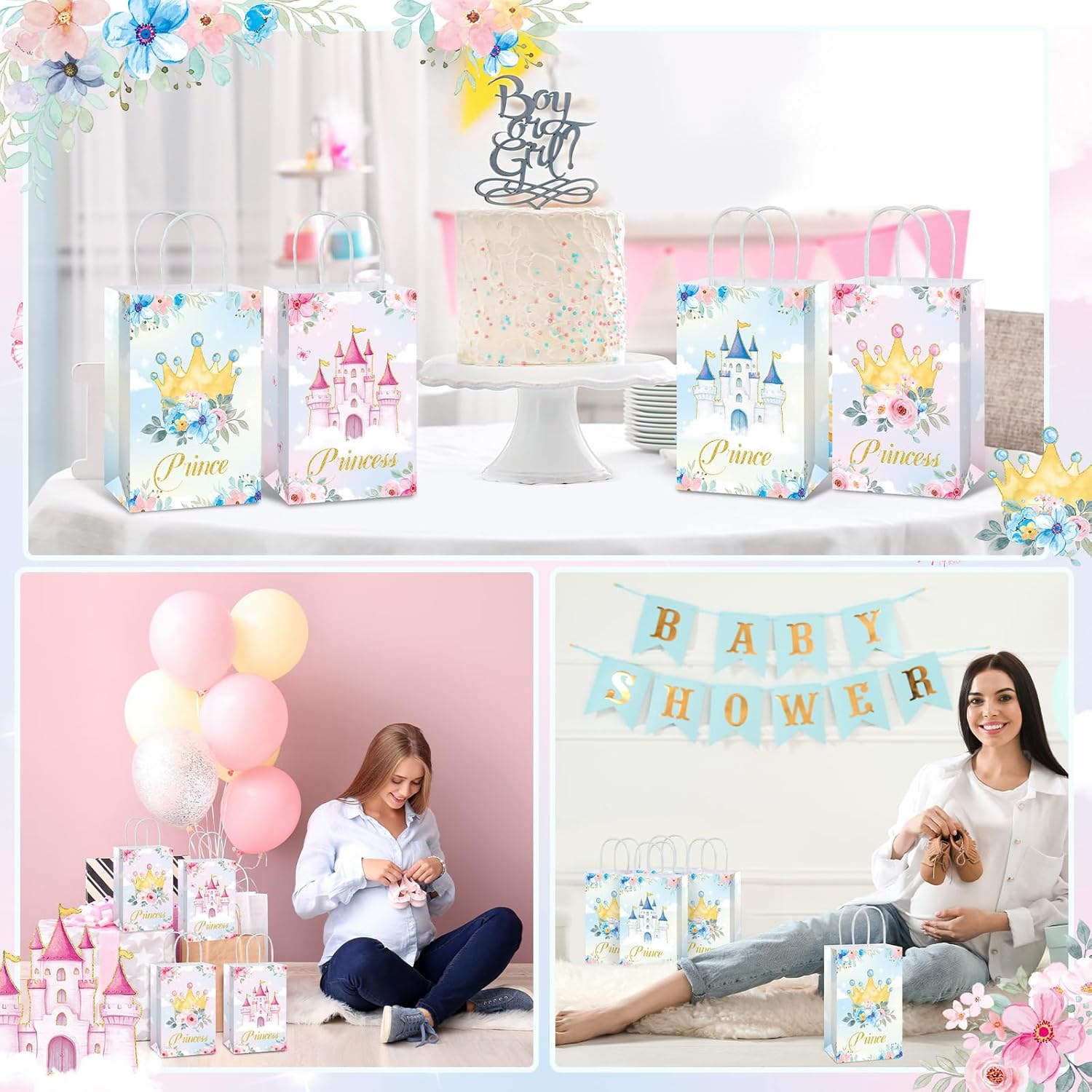 16Pcs Princess Prince Party Favor Bags Princess Paper Treat Bag with Handles Prince Castle Candy Goodie Gift Birthday Bags for Party Decorations Boys Girls Gender Reveal Baby Shower Wedding Supplies - Image 6