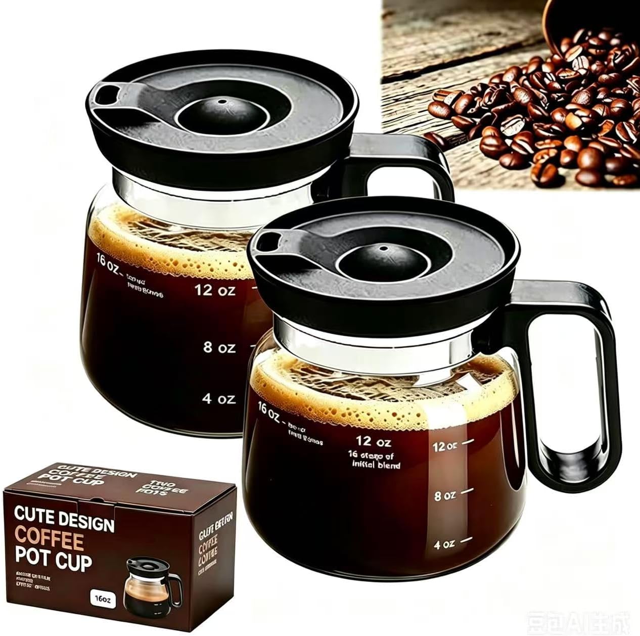 16 Oz Glass Coffee Mug, Mini Coffee Pot Cup with Leak-proof Lid