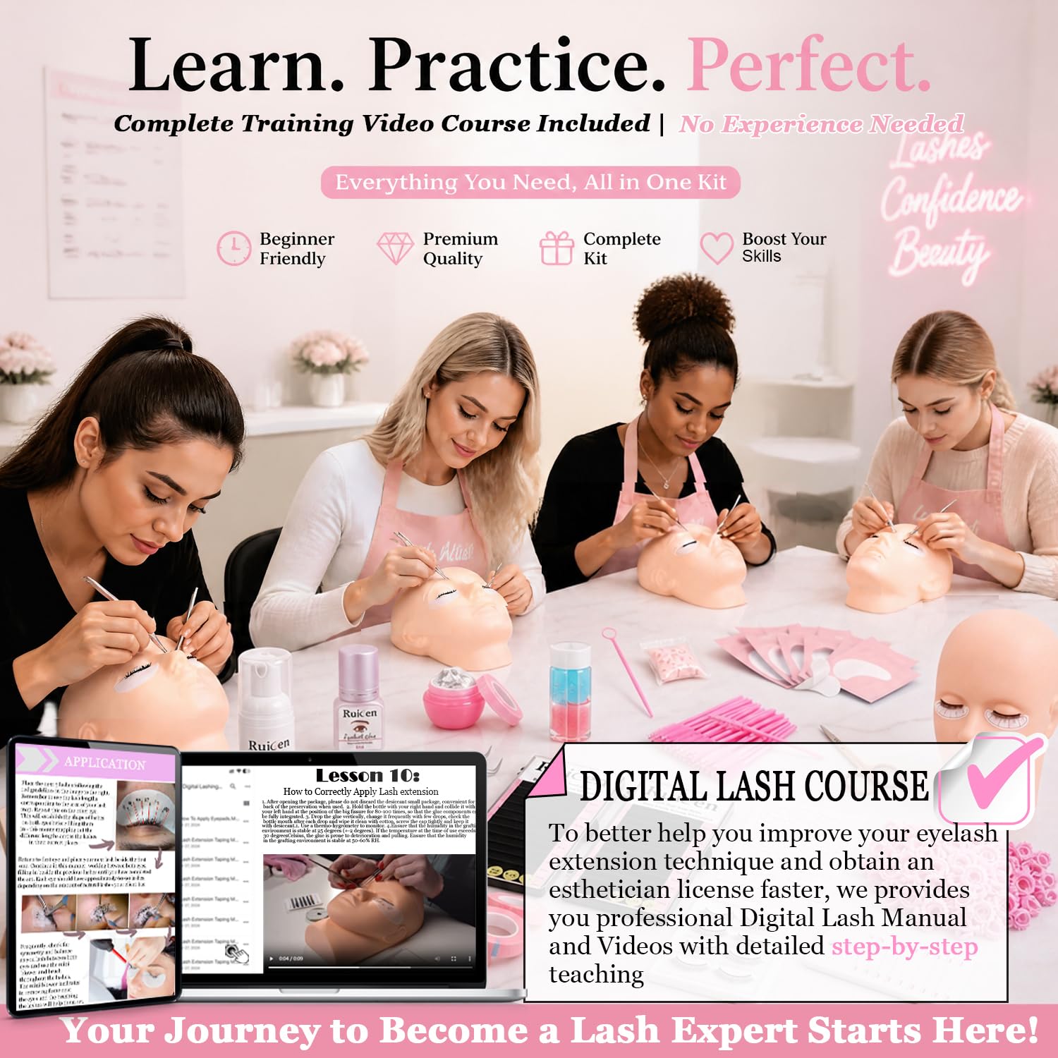 Kit di extension per ciglia per principianti, kit di extension per ciglia Ruicen con corso di formazione include testa di manichino, tabella di mappatura delle ciglia pratica e altri strumenti per