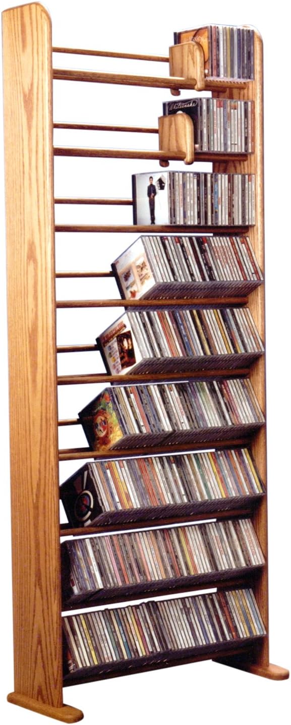 Wood Shed HILL 01 Series Dowel Style CD Storage Rack - 901 CD Rack - 61.25" Real Oak Wood Storage Shelf - 9 Shelves - 504 CD Capacity - Dark Finish