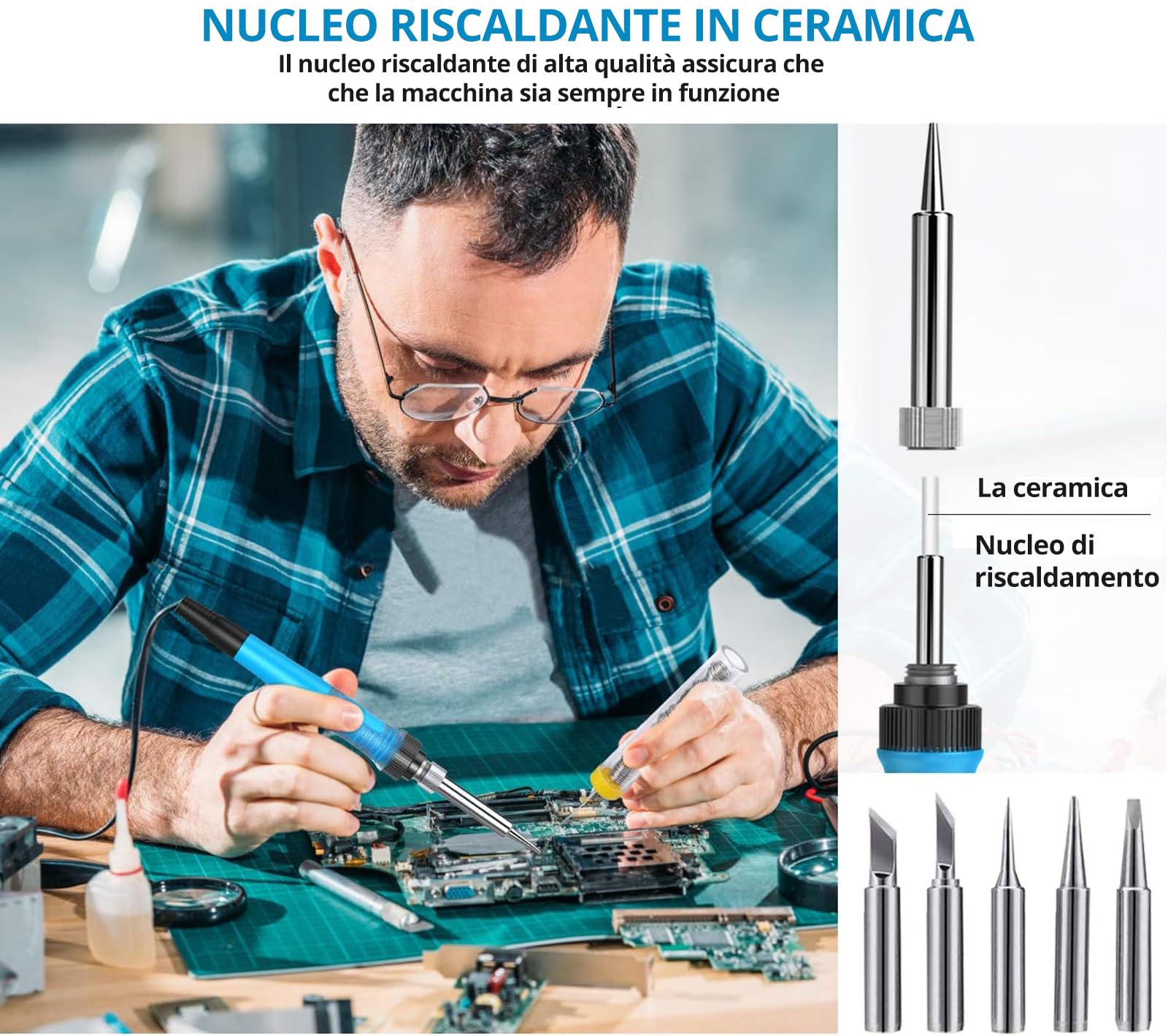 Tilswall Stazione Saldante 65W, Saldatore a Stagno Professionale con Controllo Intelligente della temperatura 200℃-480℃, Kit Saldatura Stagno con 5 Punte per Elettronica per Hobby, Principianti