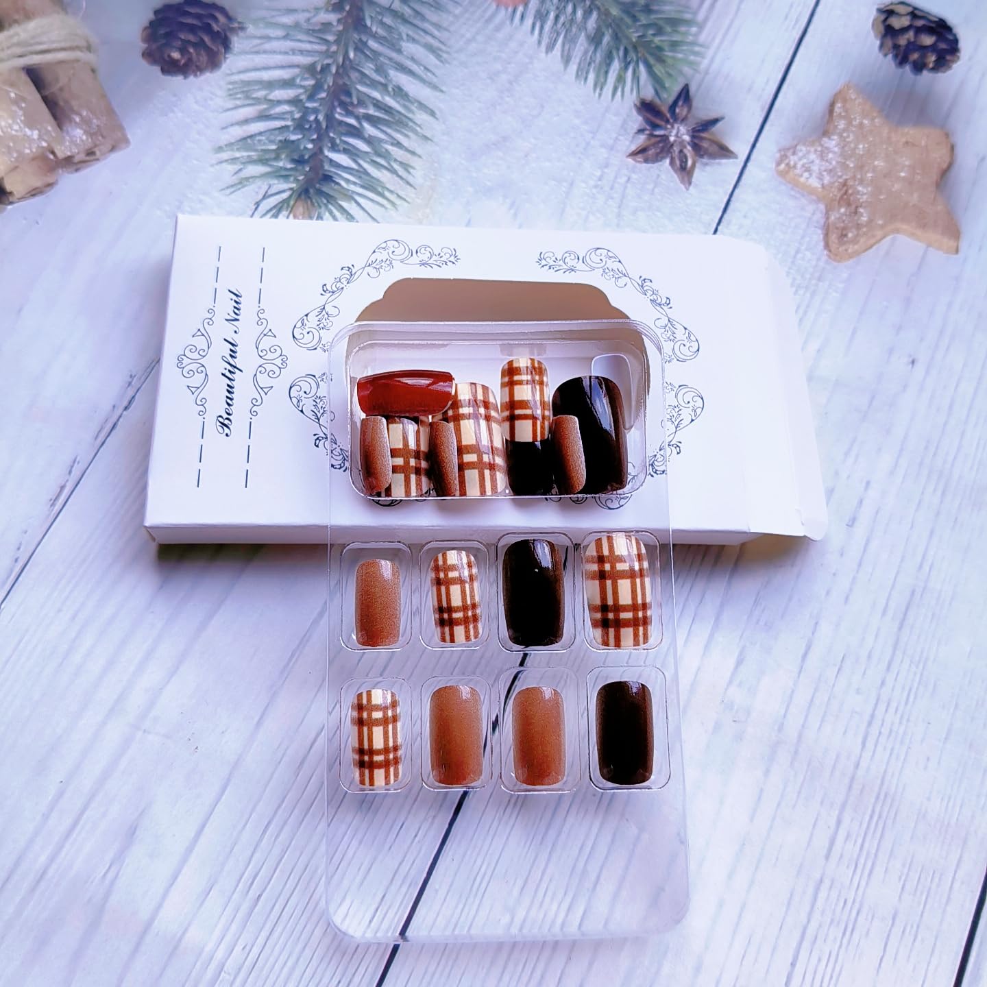 Square Press on Nails Short Fall Fake Nails with Brown Stripes Designs Dark Brown False Nails Cute Acrylic Nail Kit Artificial Fingernail Full Cover Stick on Nails for Women 24Pcs