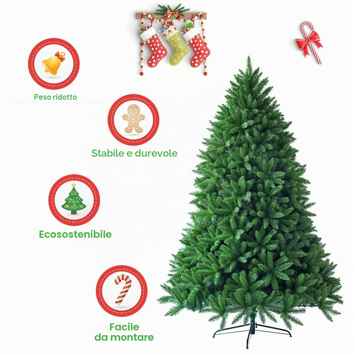 FANTASK - Albero di Natale artificiale, albero in PVC con sistema pieghevole, aghi in PVC con supporto in metallo, ideale per Natale, albero di Natale perfetto per casa, ufficio, negozio (180 cm)