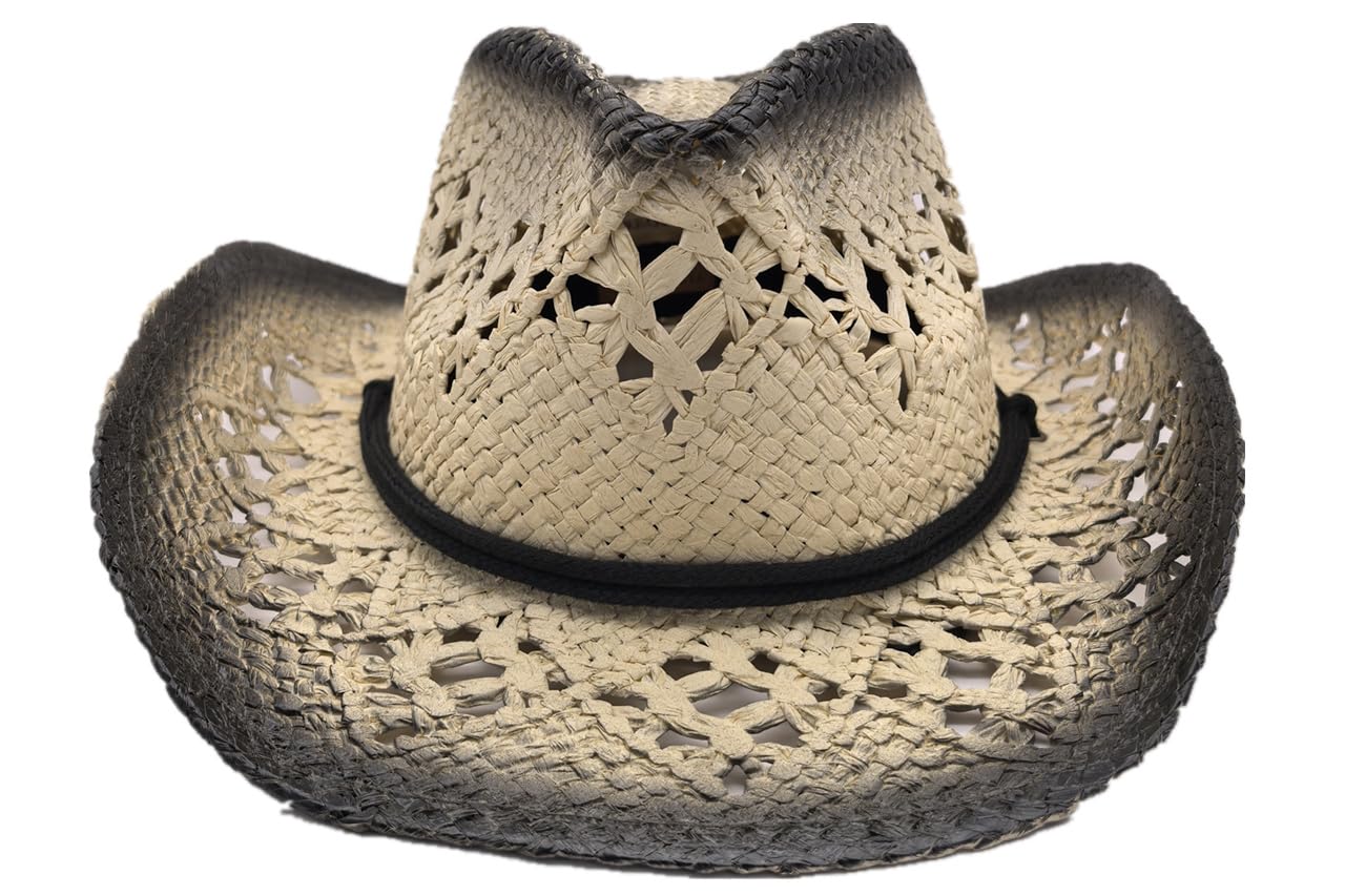 TUREVIEW Western Woven Straw Hat Cowboy Cowgirl Printed Hat Round Up Sun Hat with Windproof for Men and Women (Black)