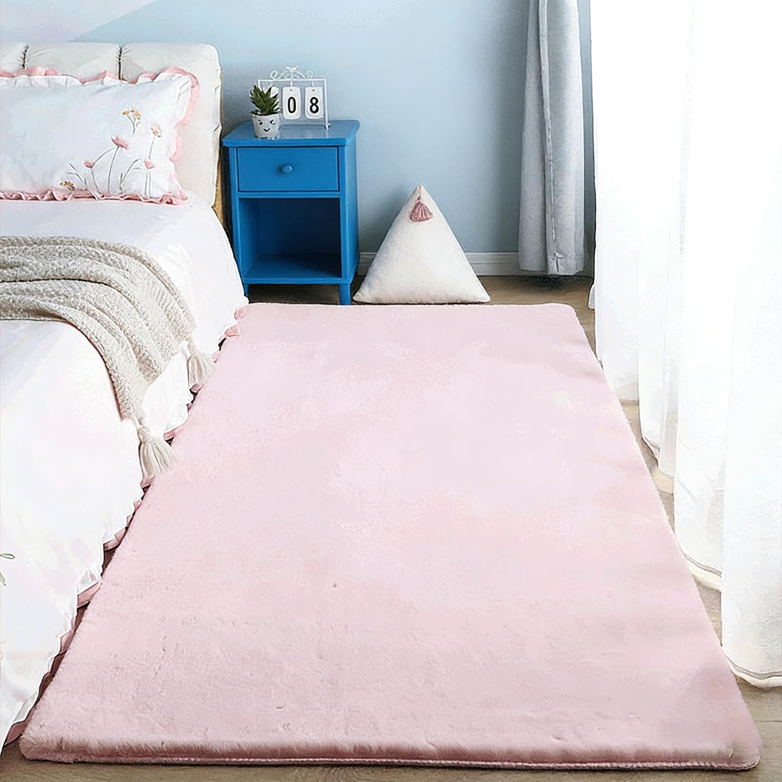 Tapis poil ras anti-poussière grand format rose pour chambre