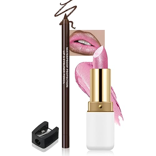 Shimmer Pink Lipstick with Brown Lip Liner Lips Combo Set, Long Lasting Shiny Glitter Diamond Plump Lipstick Kit, Full Coverage High Impact Lip Color, Nonstick Cup Lightweight Lips Makeup for Women-08