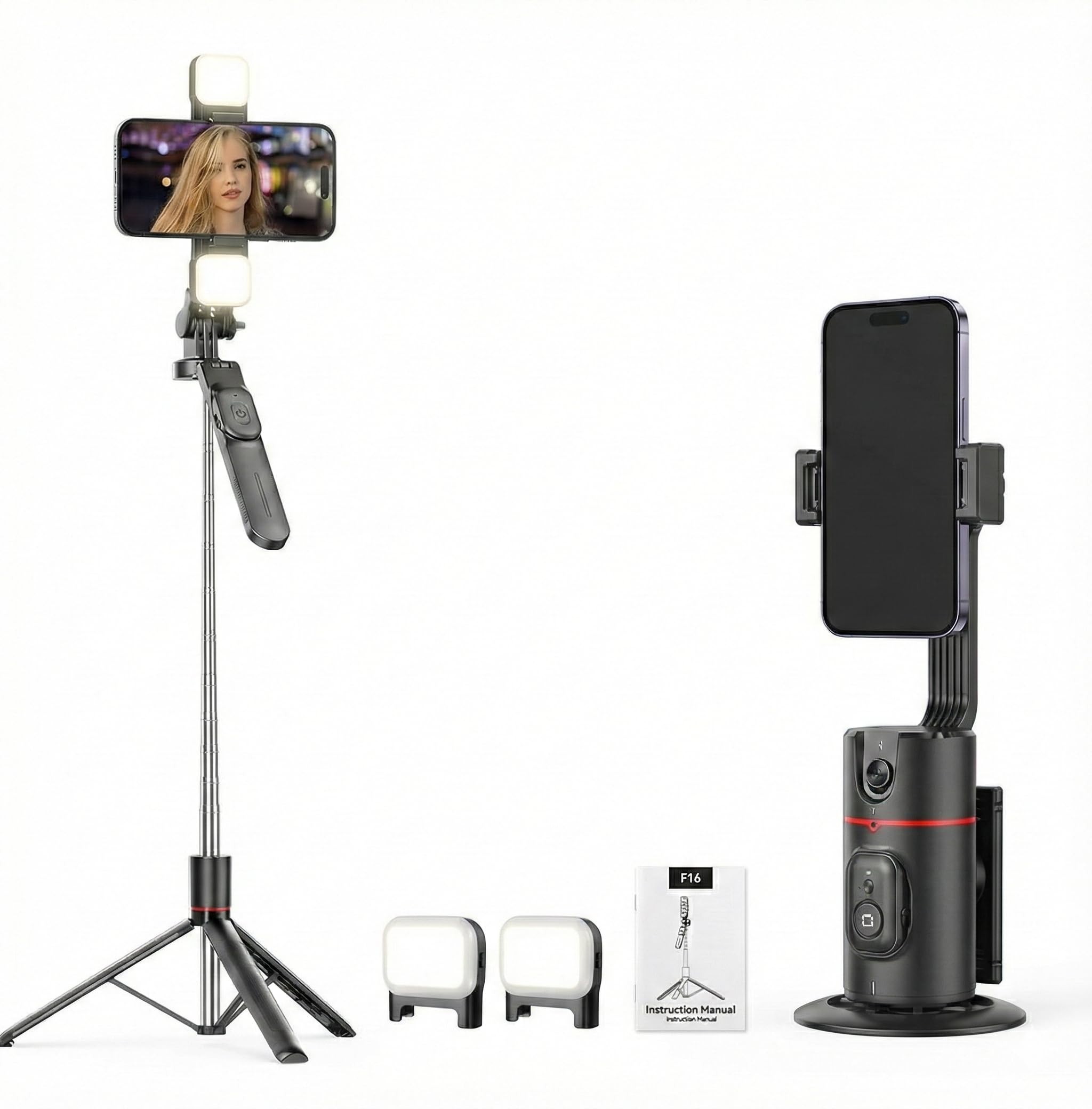 P02 Auto Face Tracking Selfie Phone Holder + F16 Selfie Stick + Lights, No App, Gesture Control, Smart Selfie Stick for Video/Live