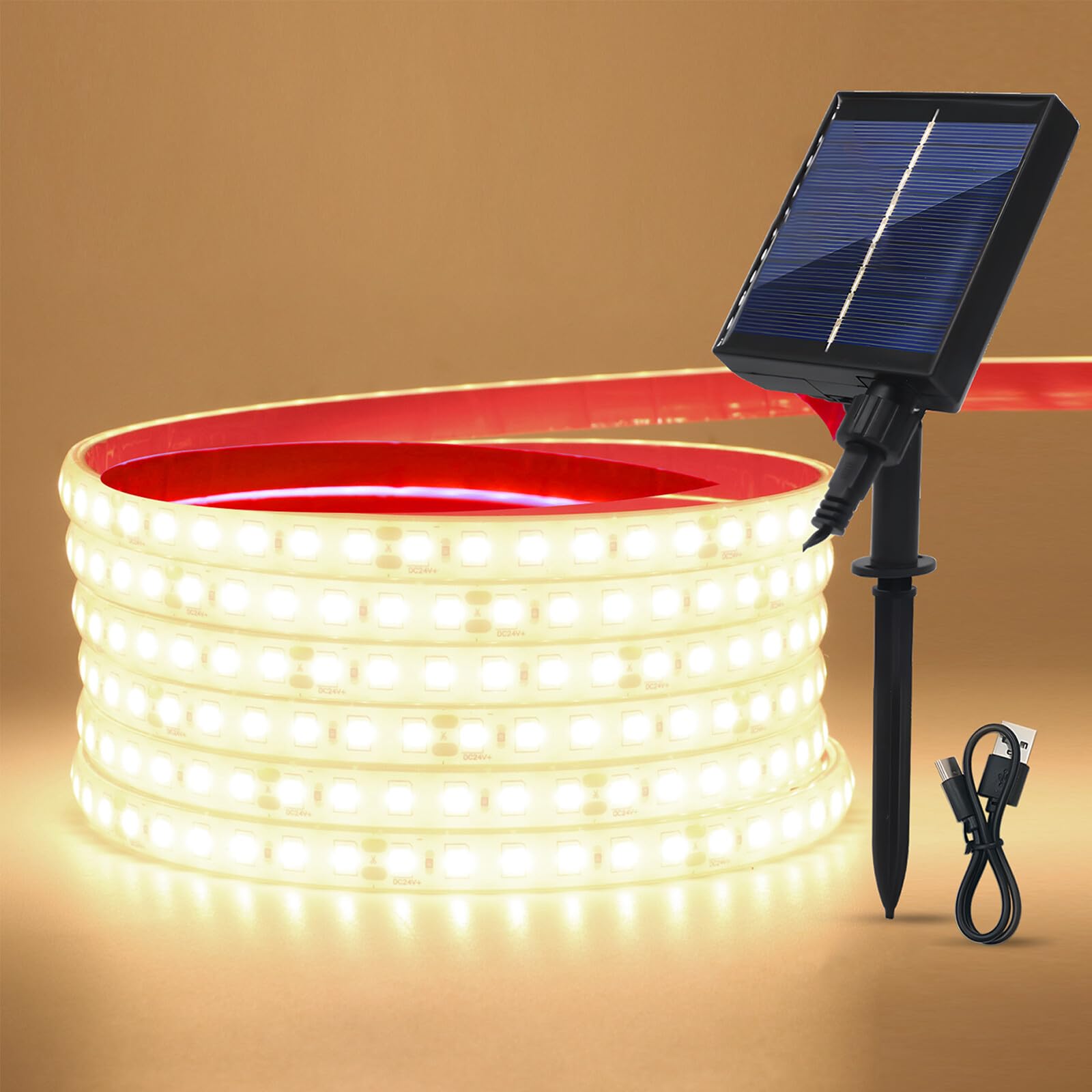 GQL 24V Solar/USB LED Strip Lights - IP68 Waterproof 2835 SMD 120LEDs/m, 8-Mode Controller for Indoor Outdoor Decoration (Natural White,1m) — image 1