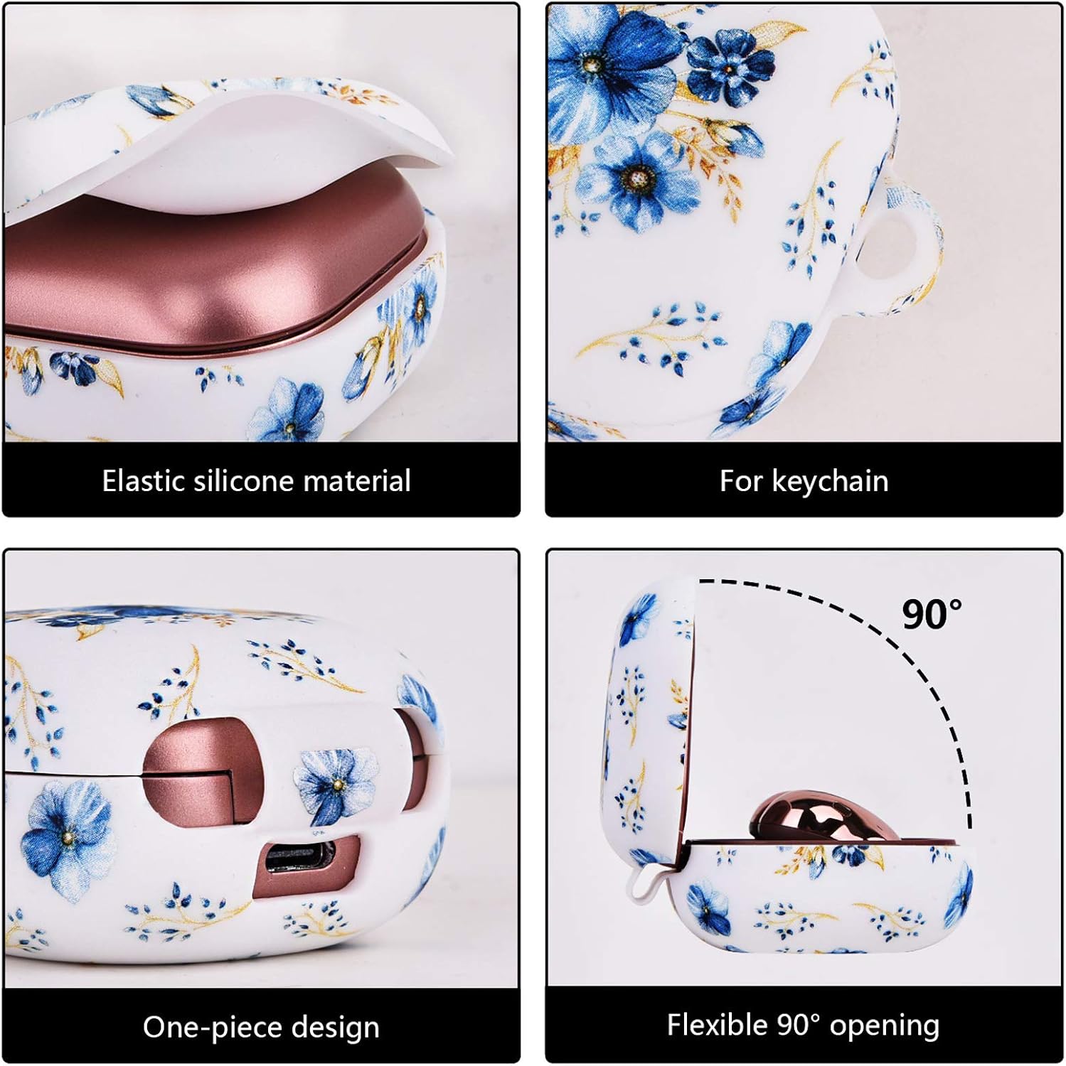 AIRSPO Galaxy Buds Pro Case (2021) Silicone Case Cover Compatible with Samsung Galaxy Buds Live (2020) Floral Print Carrying Case with Carabiner (Blue Flower)