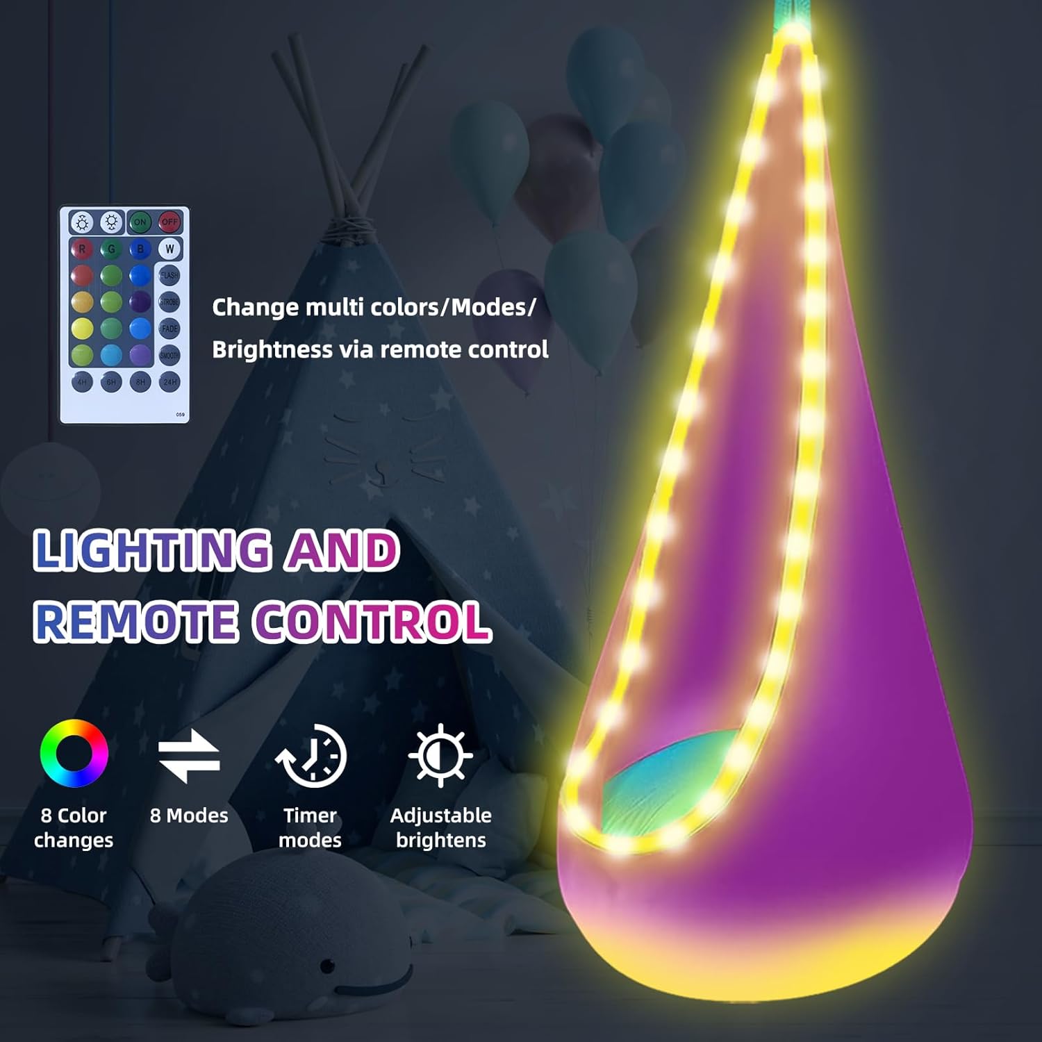 Light Up Swing Chair Hammock Chair Indoor Outdoor for Kids Pod with LED Lights, Soft and Safe, 176 lb. Load Capacity, Easy Installation, Perfect for Bedroom, Garden, and Playroom (Purple) - Image 4