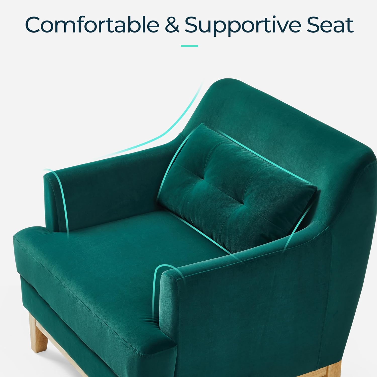 LINSY Accent Chair, Large Reading Chair with Rubberwood Base, Mid Century Modern Armchair with Lumbar Pillow, Cozy Single Sofa Chair for Living Room Bedroom Office Study, Velvet Arm Chair, Green