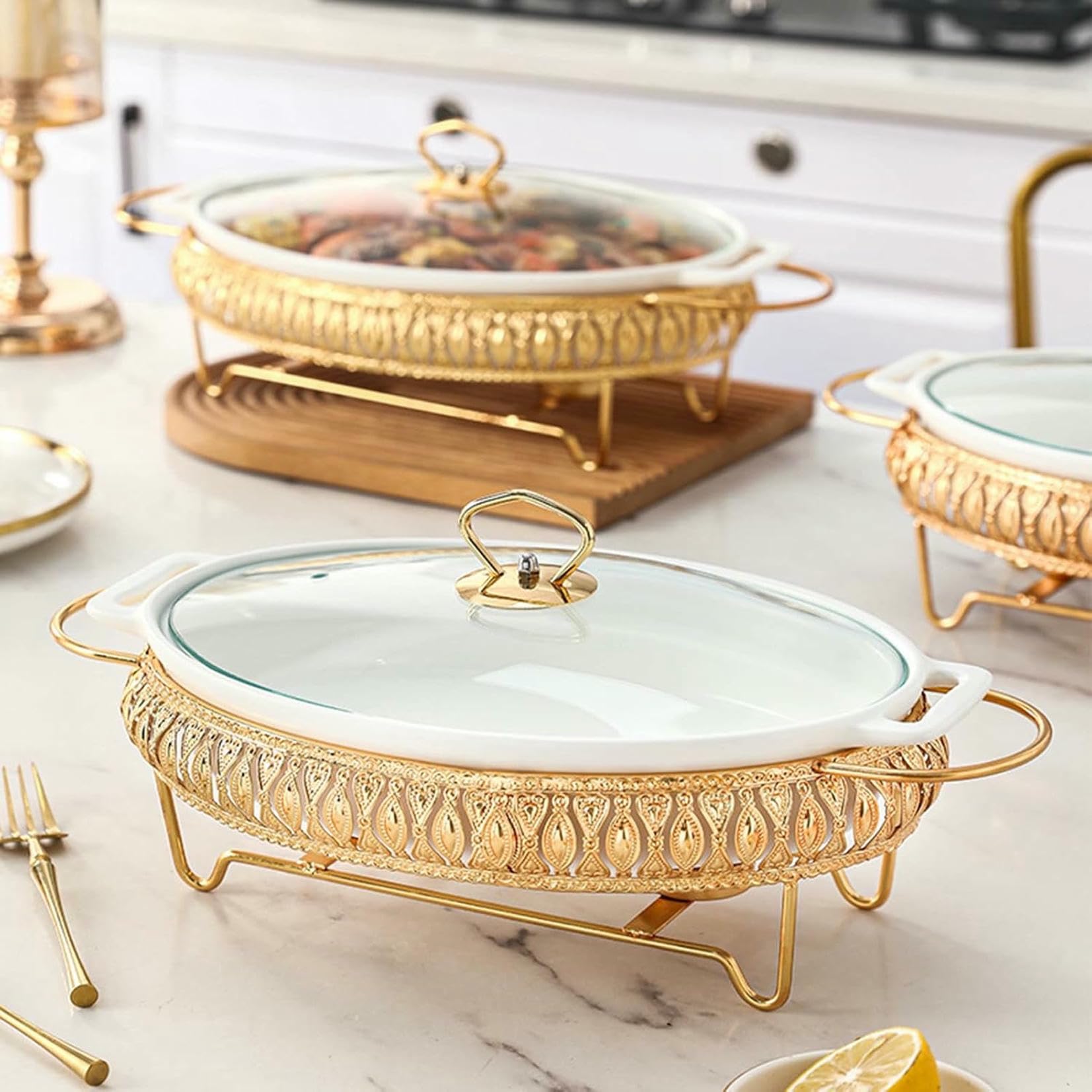 Piatto di Ceramica A Buffet, Cappellini di Smalto Ovale E Caldo A Buffet con Coperchio in Vetro, Vassoio Riscaldante per Il Ristorante, A Casa, Inverno ~/