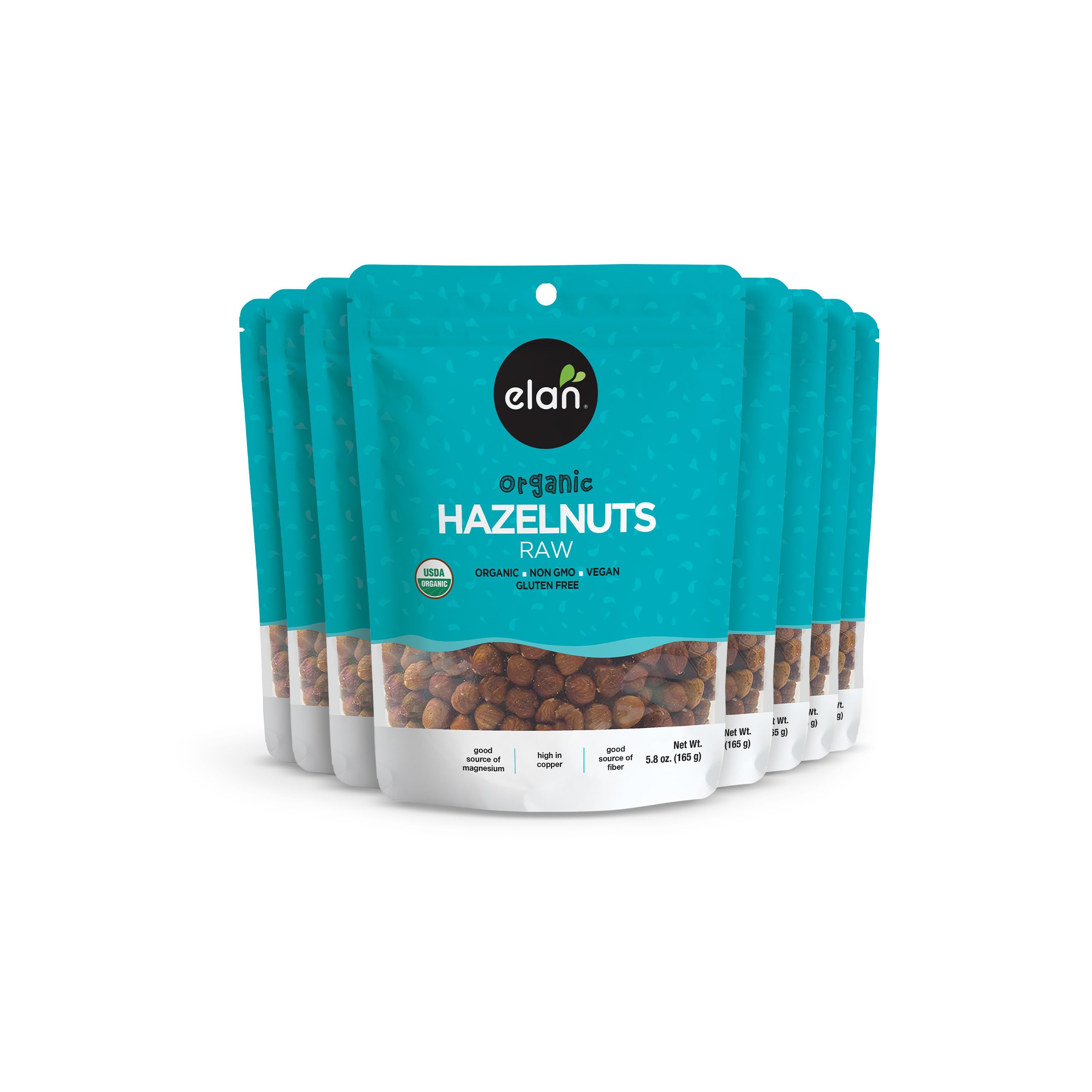 Elan Organic Raw Hazelnuts, Unsalted, Unroasted, Shelled Raw Nuts, With Skins, Healthy Snacks, Non-GMO, Vegan, Gluten-Free, Kosher, Filberts, 8 pack of 5.8 oz